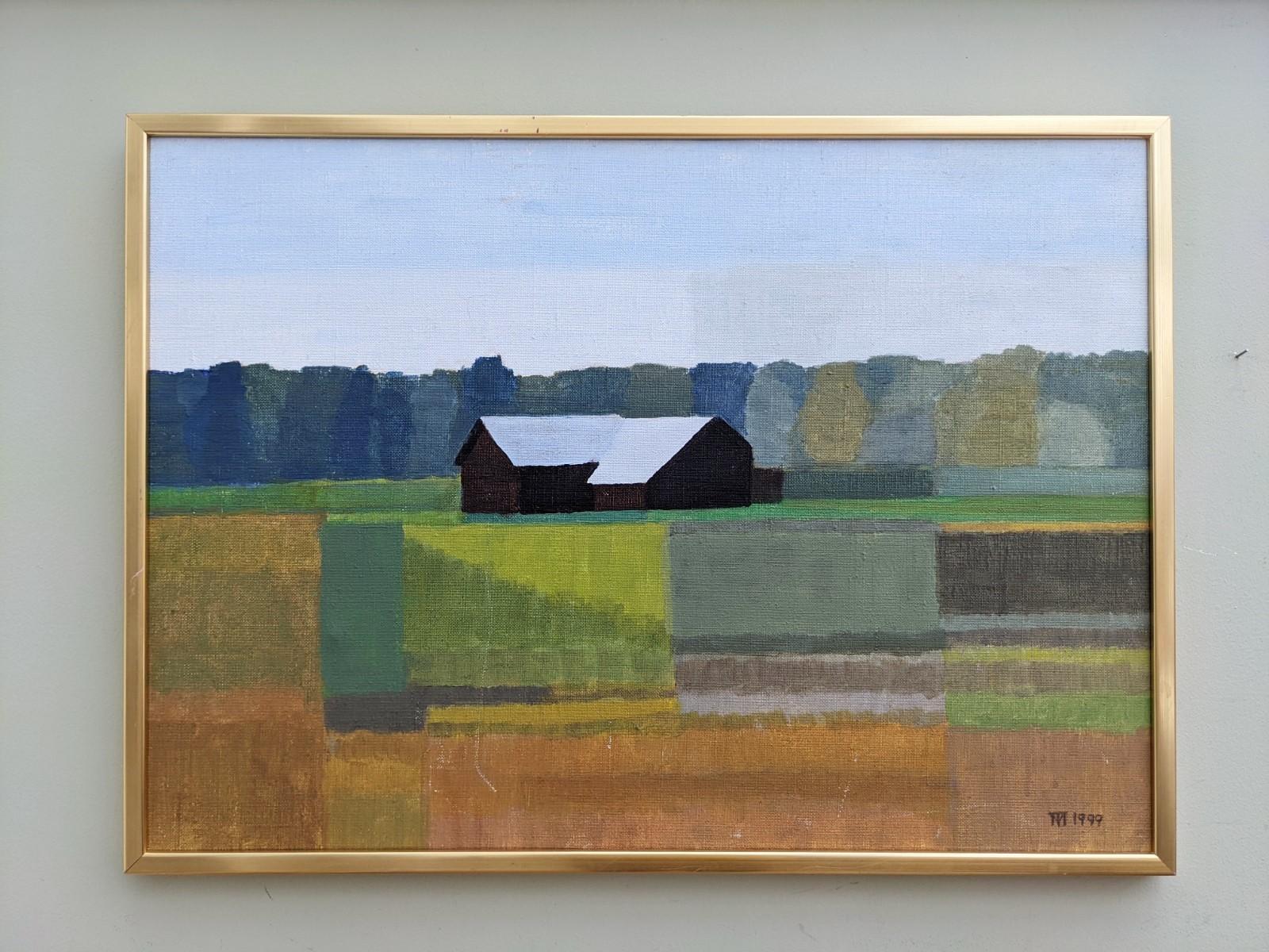 Vintage Mid-Century Landscape Framed Oil Painting Swedish Art - The Wait - Gray Landscape Painting by Unknown