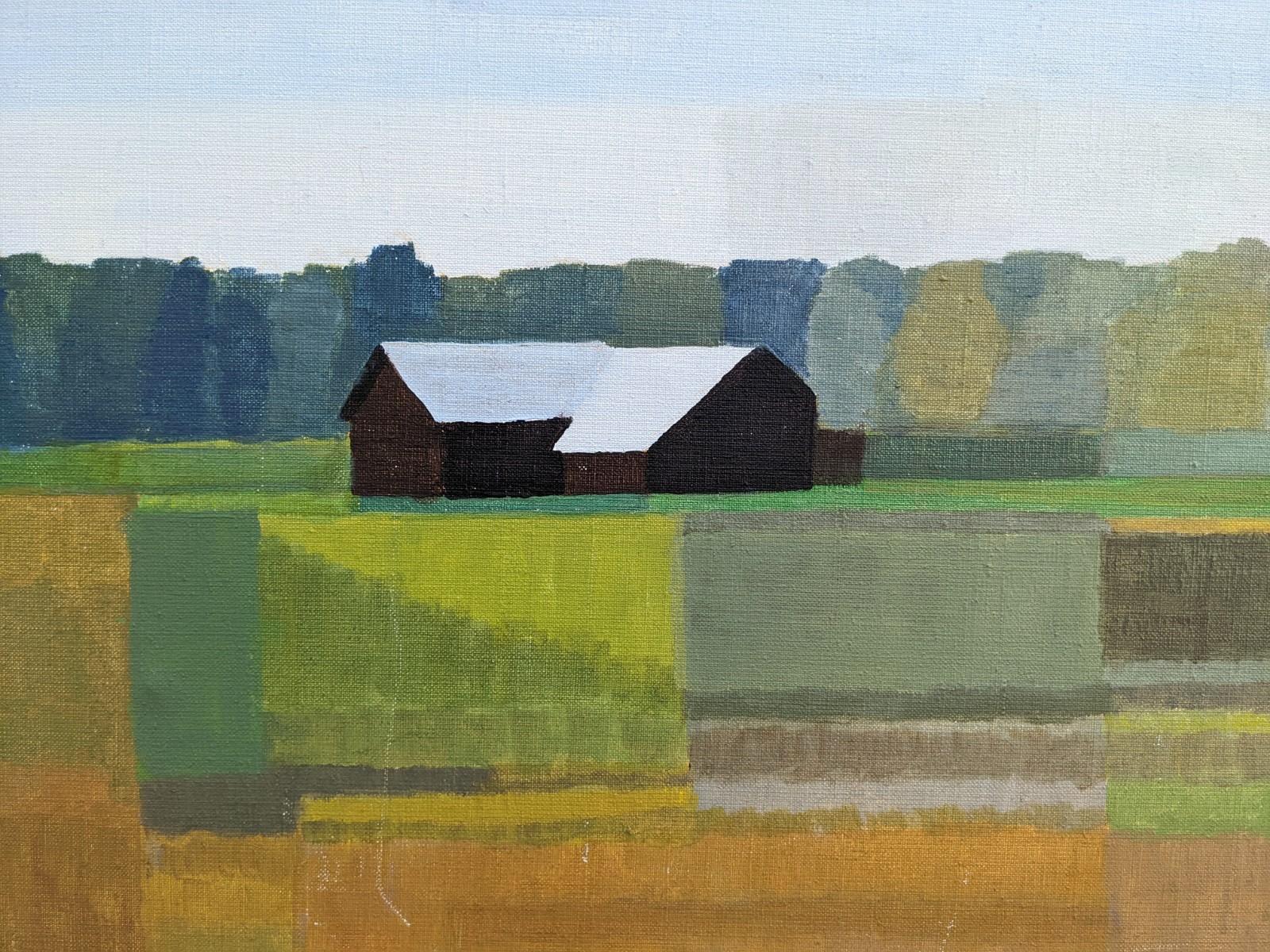 THE WAIT 
Size: 52.5 x 72.5 cm (including frame)
Oil on canvas

A large and very well executed 20th century modernist style oil composition, painted onto canvas.

The artist has left out realistic details, reducing the landscape down to planes of