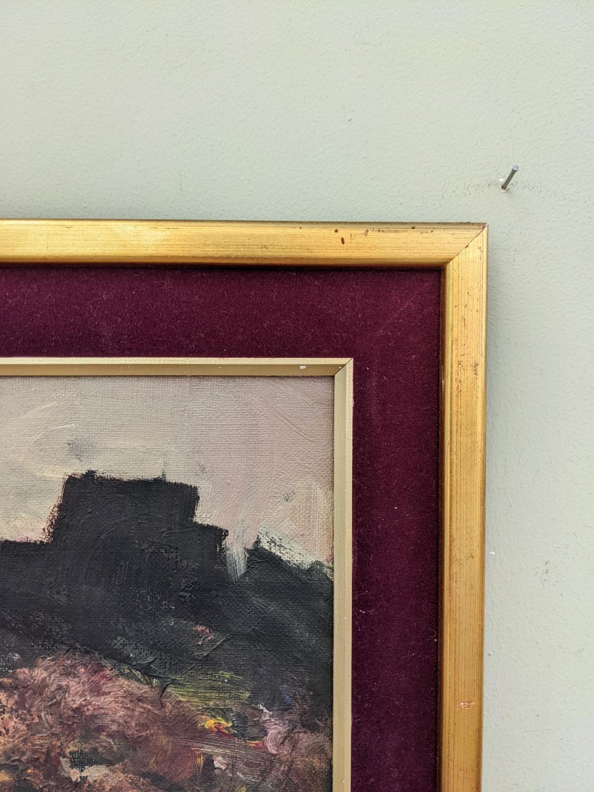 Vintage Mid Century Landscape Framed Swedish Oil Painting - Break of Day - Black Landscape Painting by Unknown