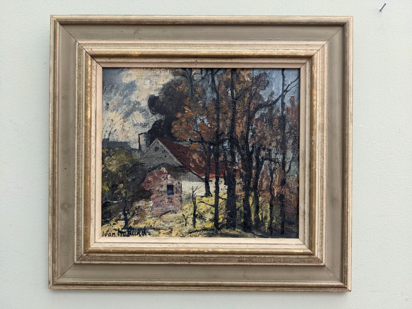 Vintage Mid Century Landscape Framed Swedish Oil Painting -Cottage in the Forest - Brown Landscape Painting by Unknown