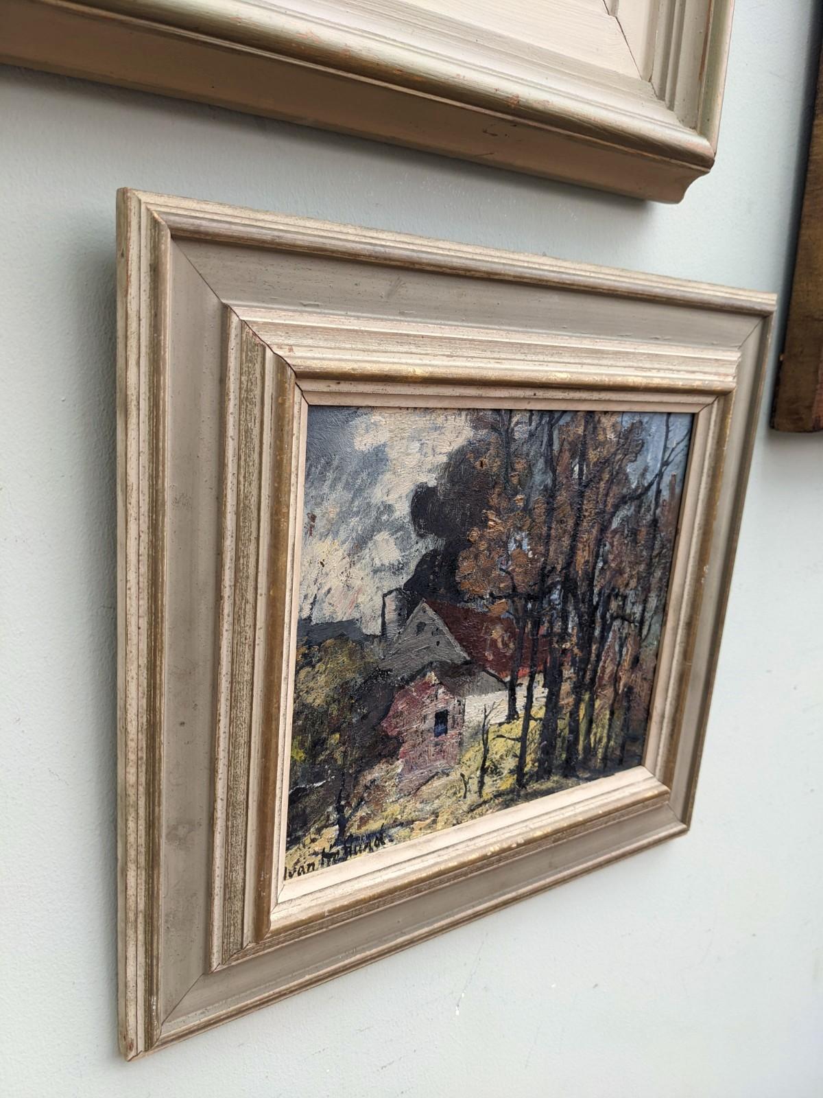 Cottage in the Forest
Size: 31.5 x 34.5 cm (including frame)
Oil on Board

A very pleasant mid century expressionist landscape composition, executed in oil onto board.

In this scenic view, a cottage nests in the middle of a lush forest surrounded