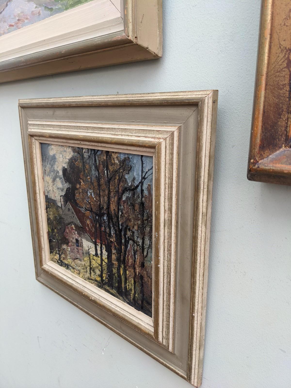 Vintage Mid Century Landscape Framed Swedish Oil Painting -Cottage in the Forest For Sale 1