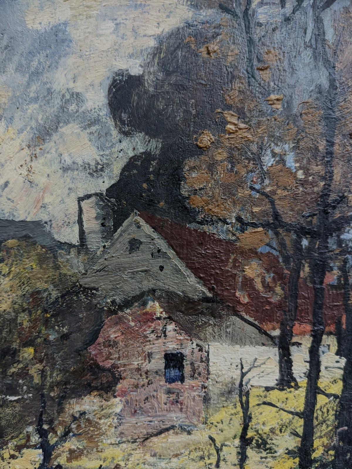 Vintage Mid Century Landscape Framed Swedish Oil Painting -Cottage in the Forest For Sale 2