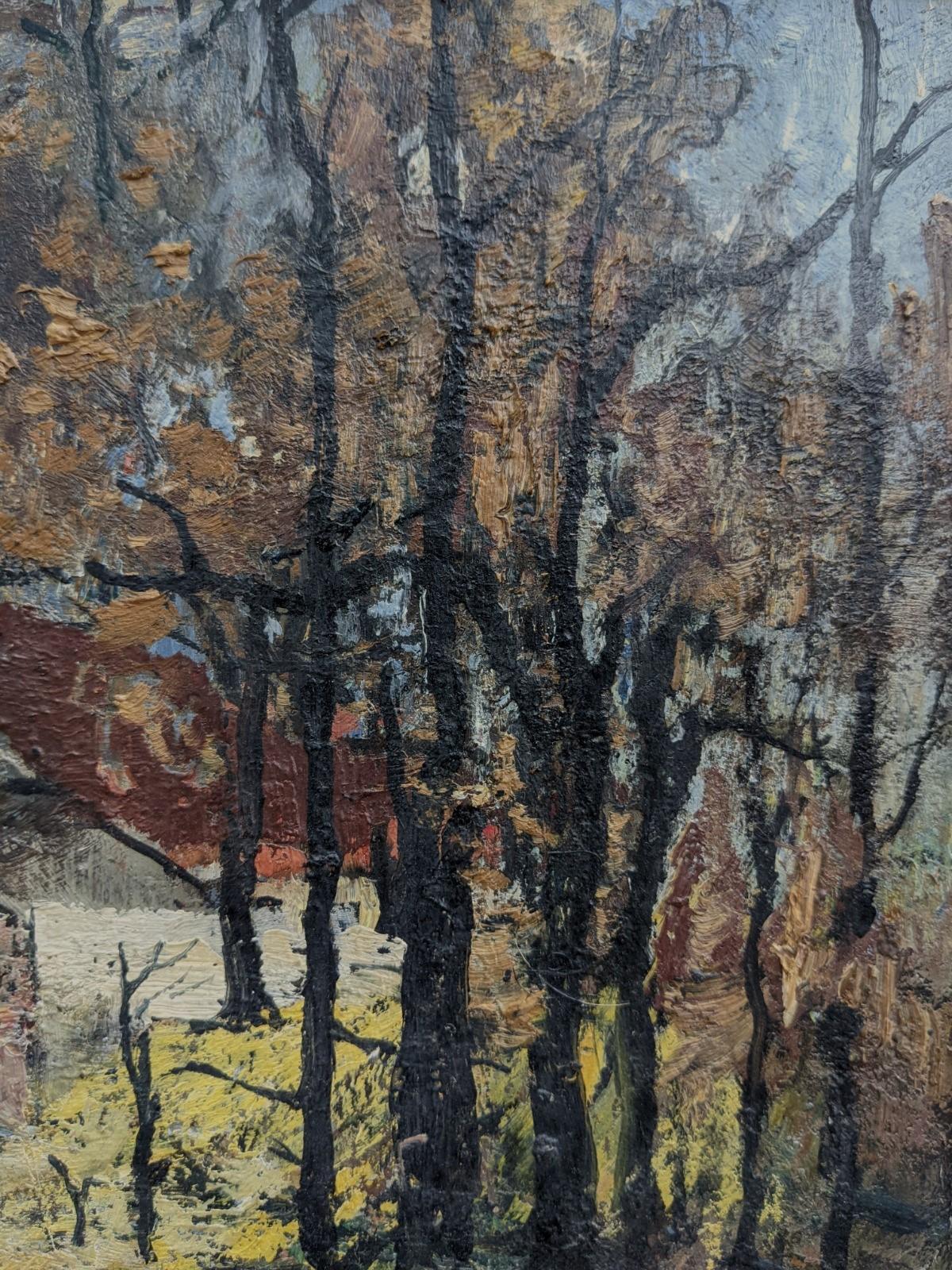 Vintage Mid Century Landscape Framed Swedish Oil Painting -Cottage in the Forest For Sale 3