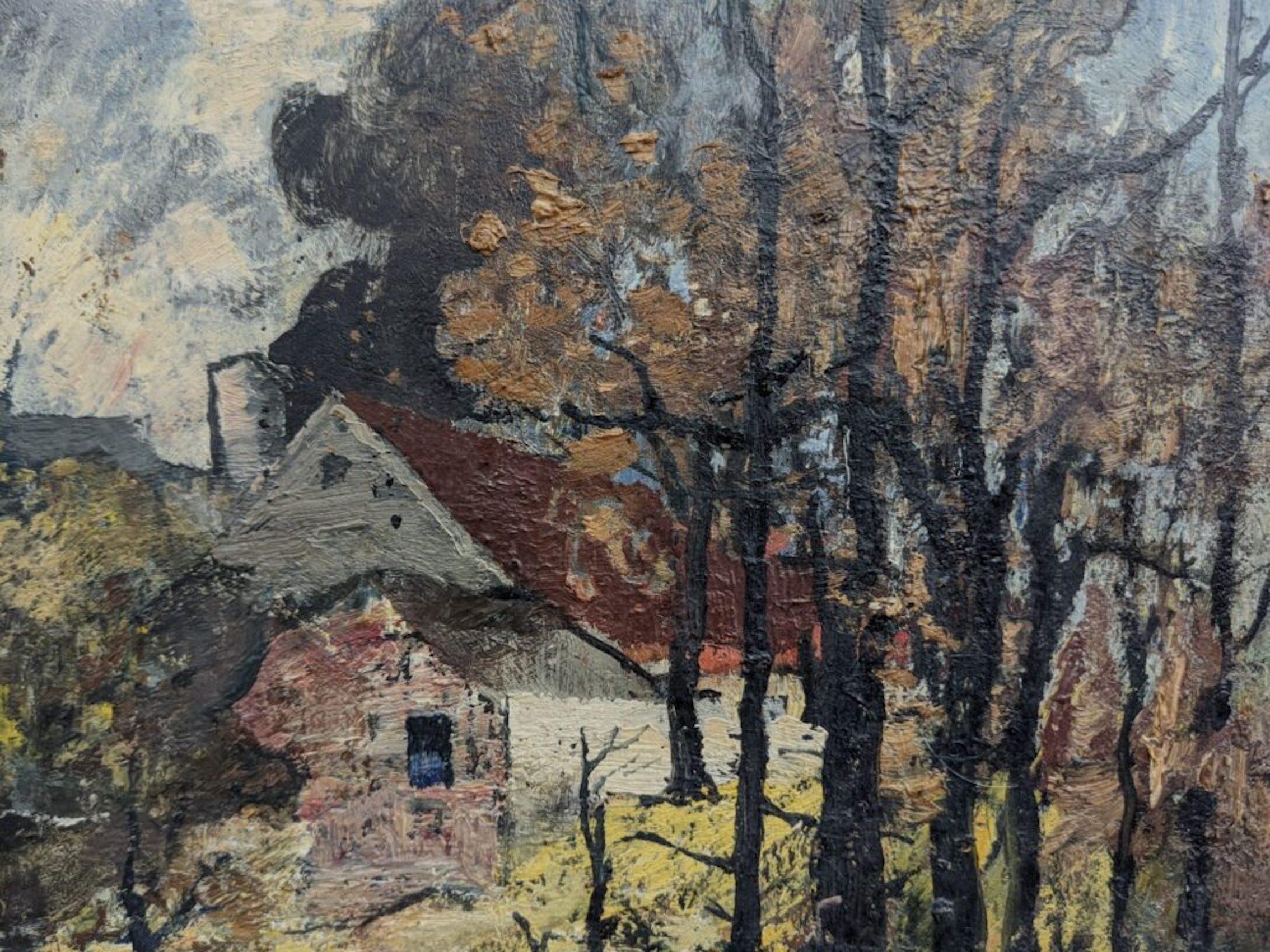 Vintage Mid Century Landscape Framed Swedish Oil Painting -Cottage in the Forest For Sale 4