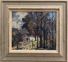 Vintage Mid Century Landscape Framed Swedish Oil Painting -Cottage in the Forest