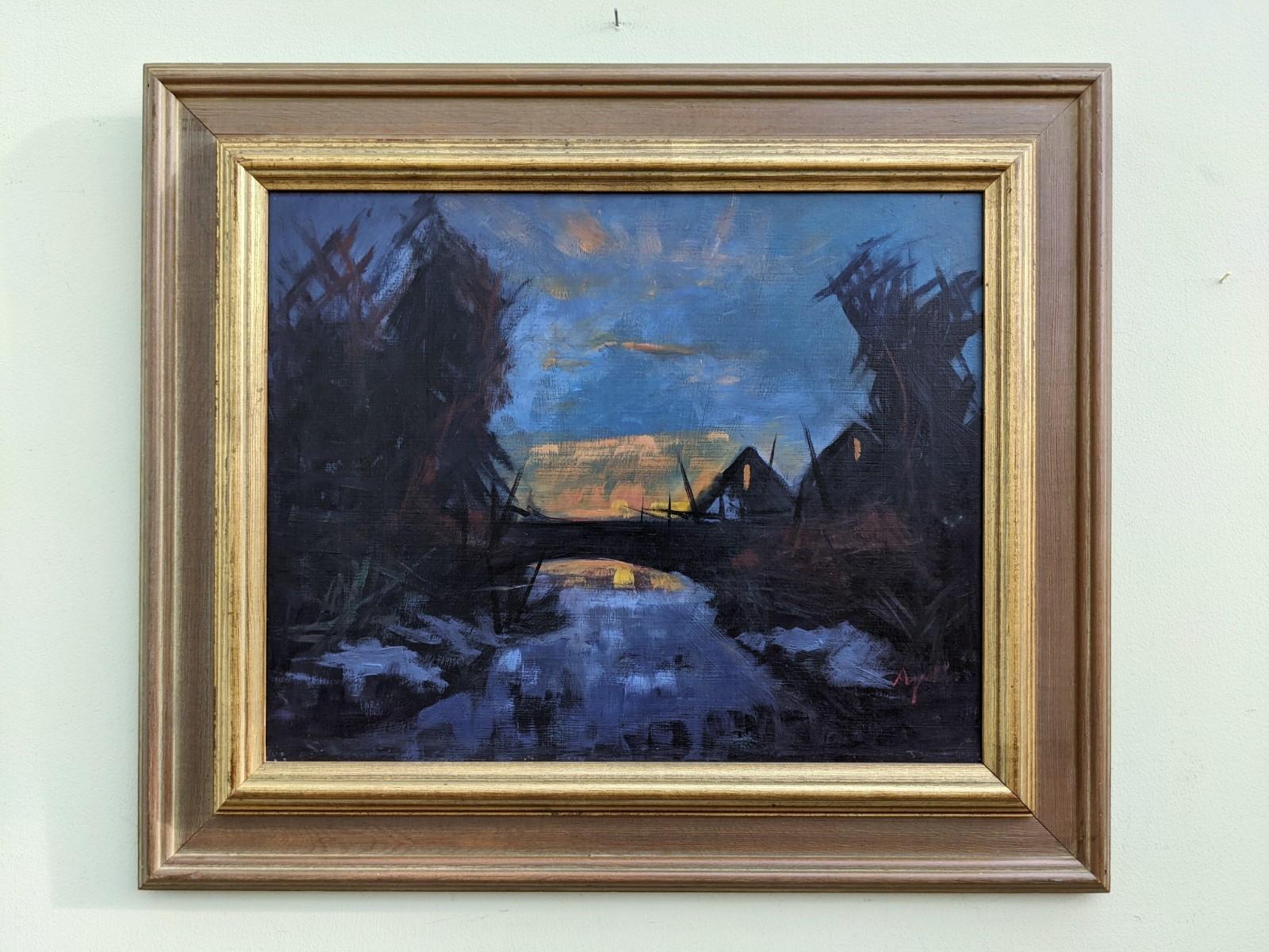 Vintage Mid Century Landscape Framed Swedish Oil Painting - Glow - Gray Landscape Painting by Unknown