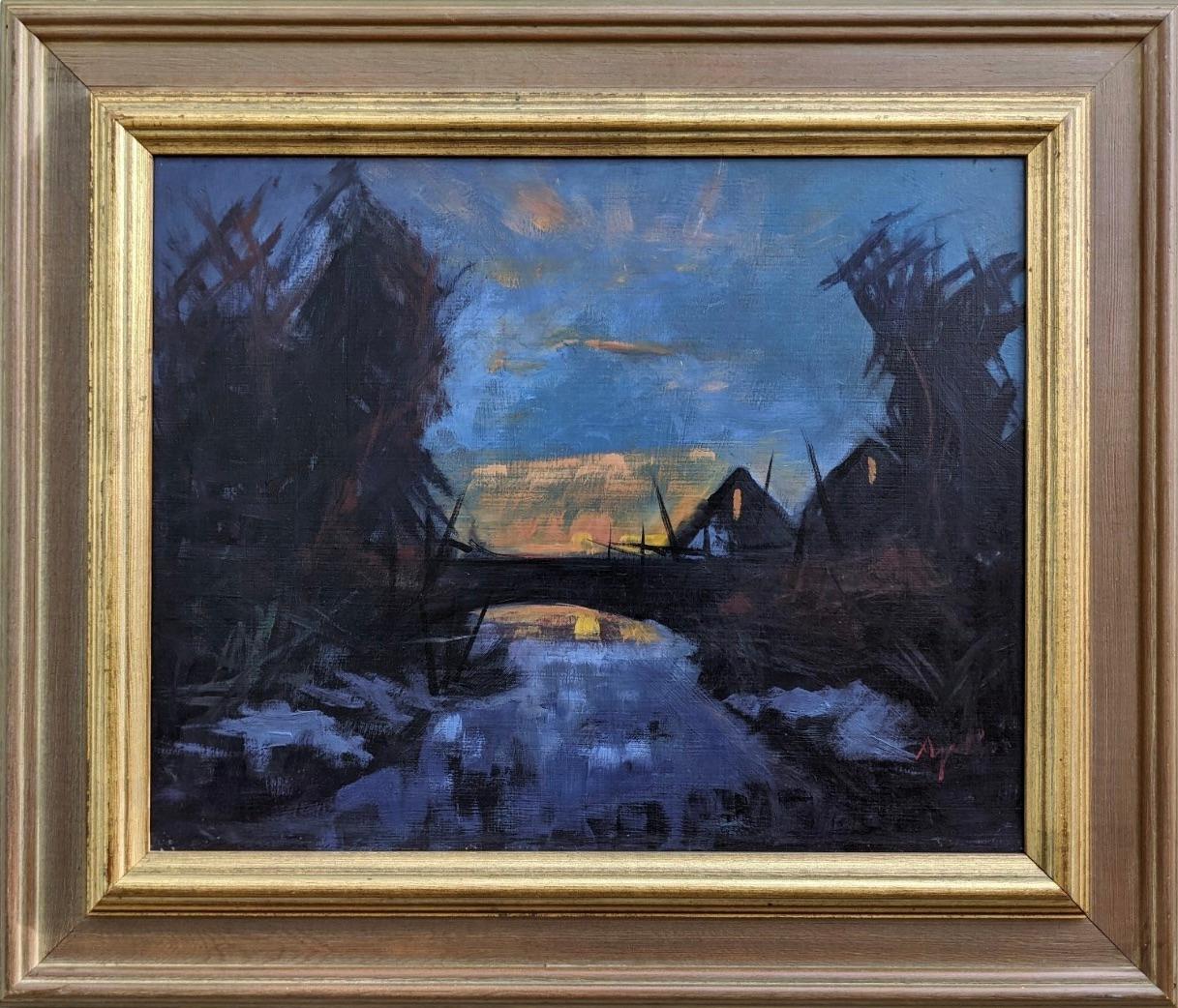 Unknown Landscape Painting - Vintage Mid Century Landscape Framed Swedish Oil Painting - Glow