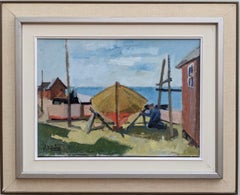 Vintage Mid Century Landscape Framed Swedish Oil Painting - Mending the Boat