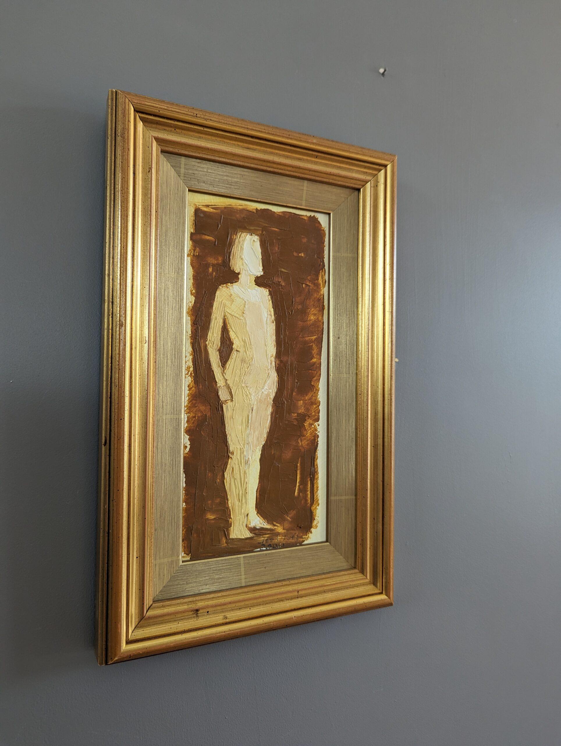 Mini pintura al óleo figurativa abstracta vintage de mediados de siglo - Silueta resplandeciente - Painting Moderno de Unknown