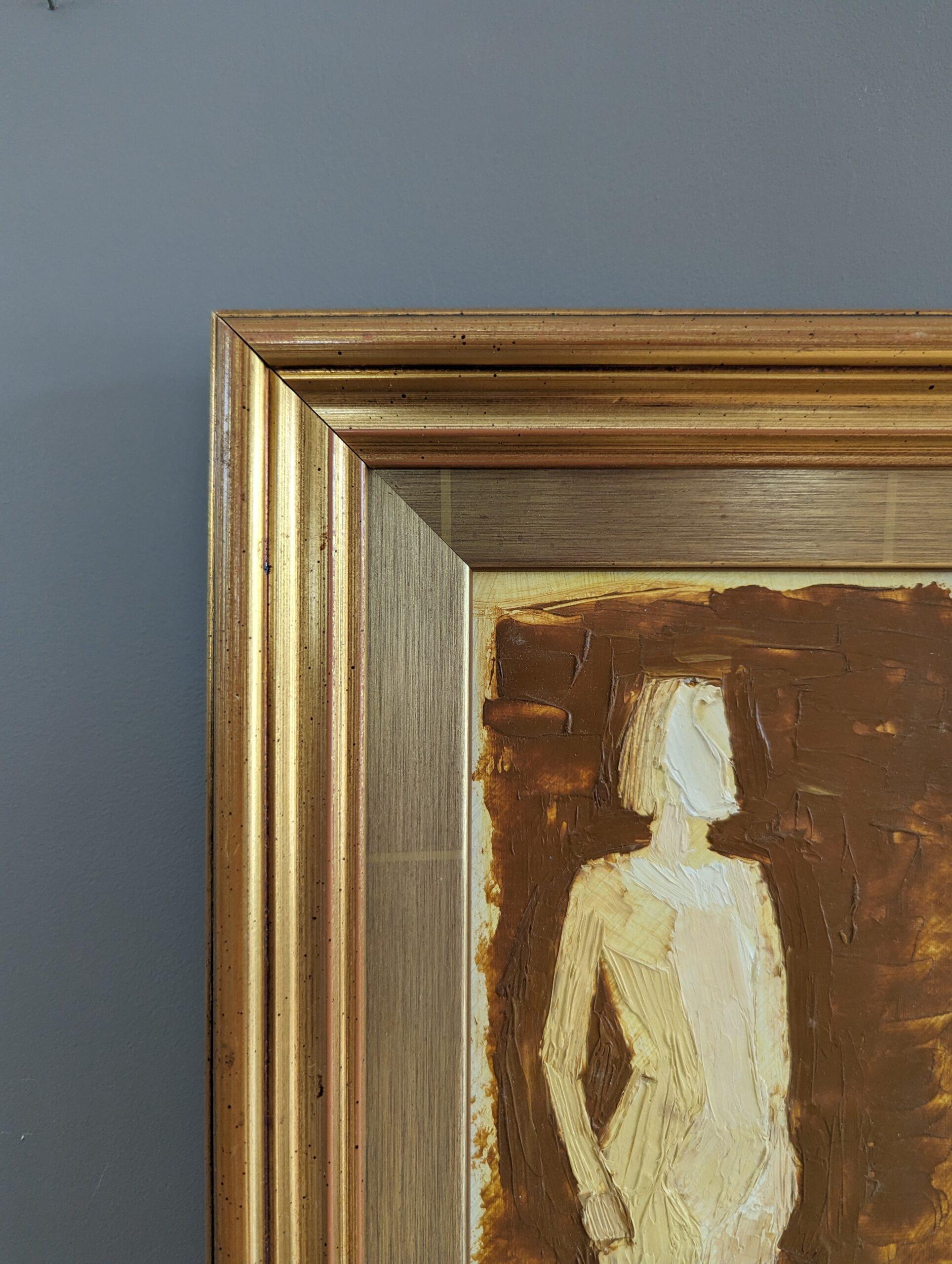 SILUETA RESPLANDECIENTE
Tamaño: 33,5 x 21 cm (incluido el marco)
Óleo sobre tabla

Pequeña pero llamativa composición figurativa semiabstracta de mediados de siglo, realizada en óleo sobre tabla.

El cuadro se centra en la silueta de una figura de