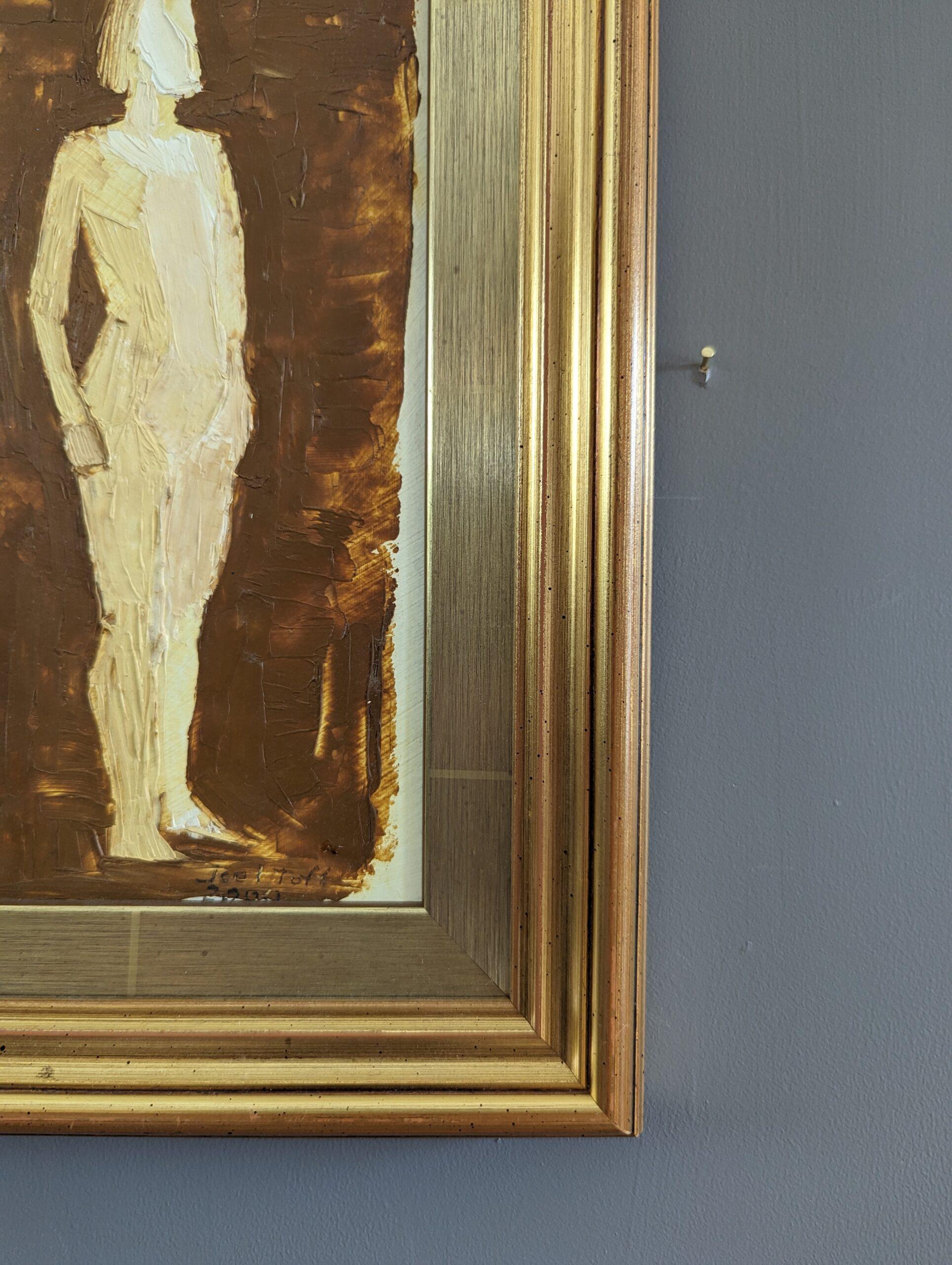 Mini pintura al óleo figurativa abstracta vintage de mediados de siglo - Silueta resplandeciente en venta 1