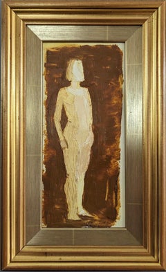 Vintage Mid-Century Mini Abstract Figurative Oil Painting - Glowing Silhouette