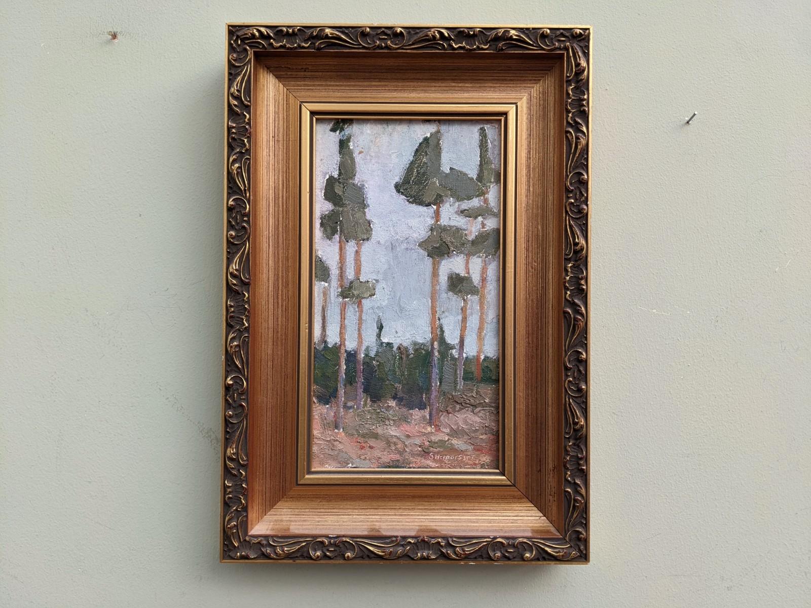 PINE TREES
Size: 36 x 24.5 cm (including frame)
Oil on Board

A small but impactful mid-century modernist landscape composition, painted in oil onto board.

Simple yet effective in its composition, the painting presents a beautifully textured pine