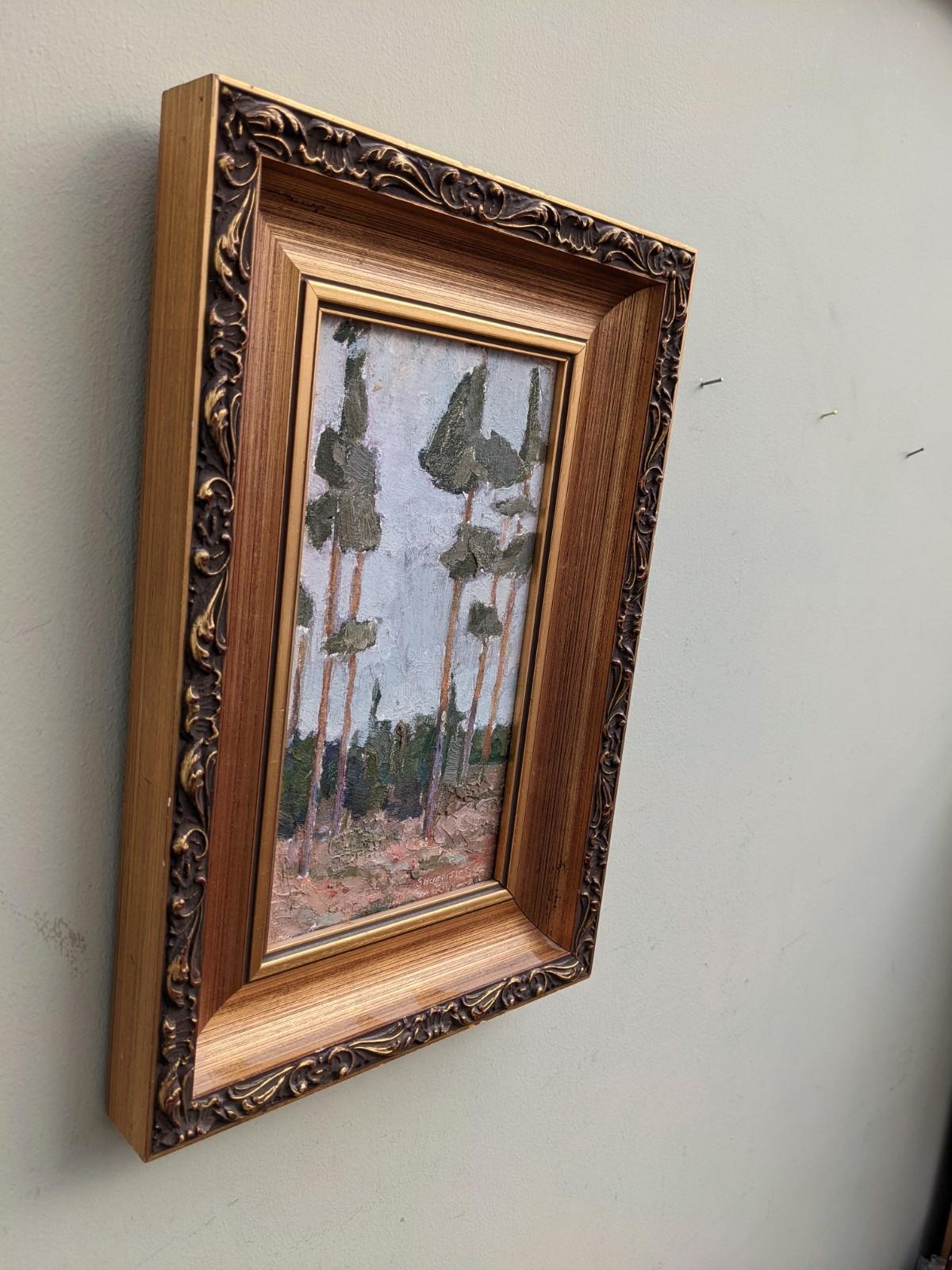Vintage Mid Century Mini Landscape Framed Swedish Oil Painting - Pine Trees 1