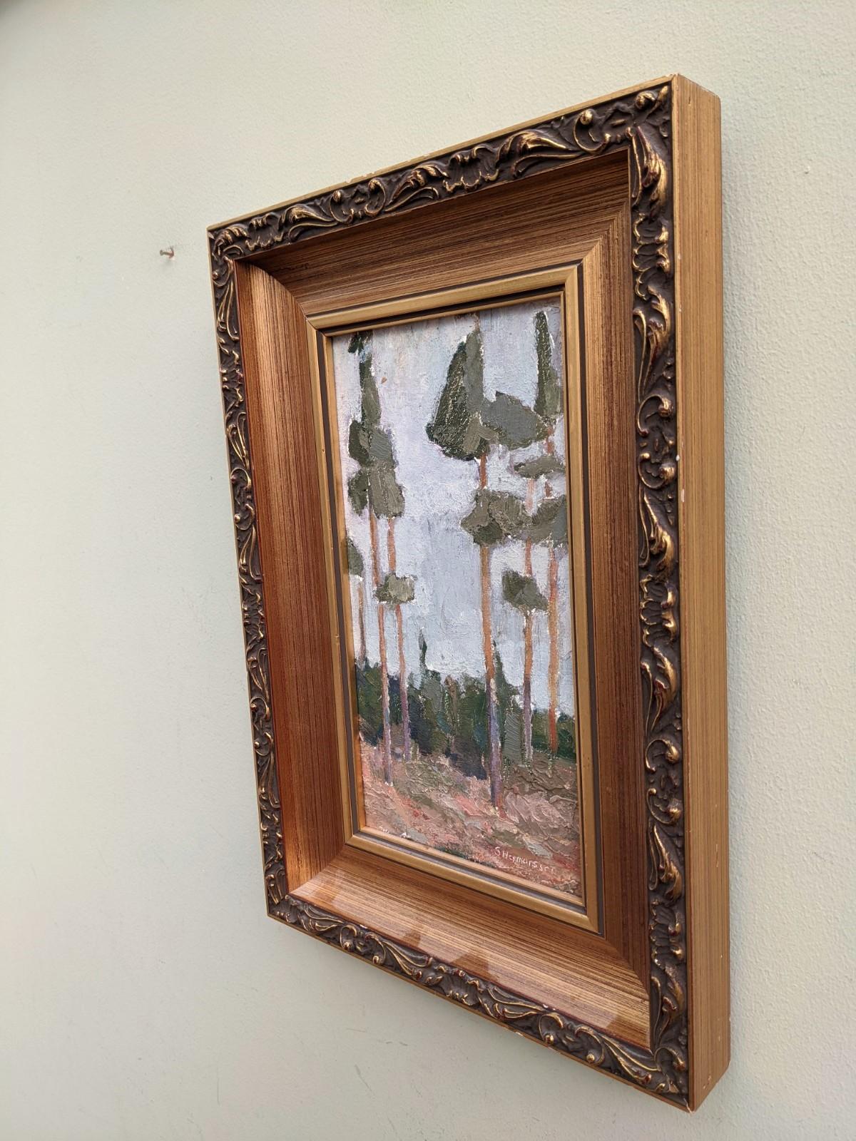 Vintage Mid Century Mini Landscape Framed Swedish Oil Painting - Pine Trees 2