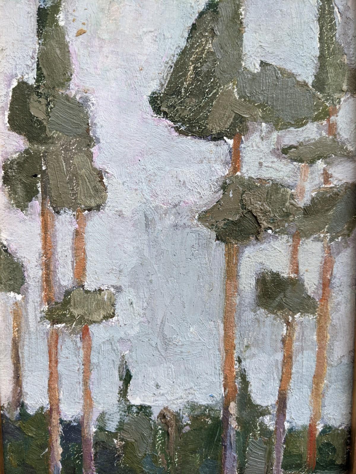 Vintage Mid Century Mini Landscape Framed Swedish Oil Painting - Pine Trees 3