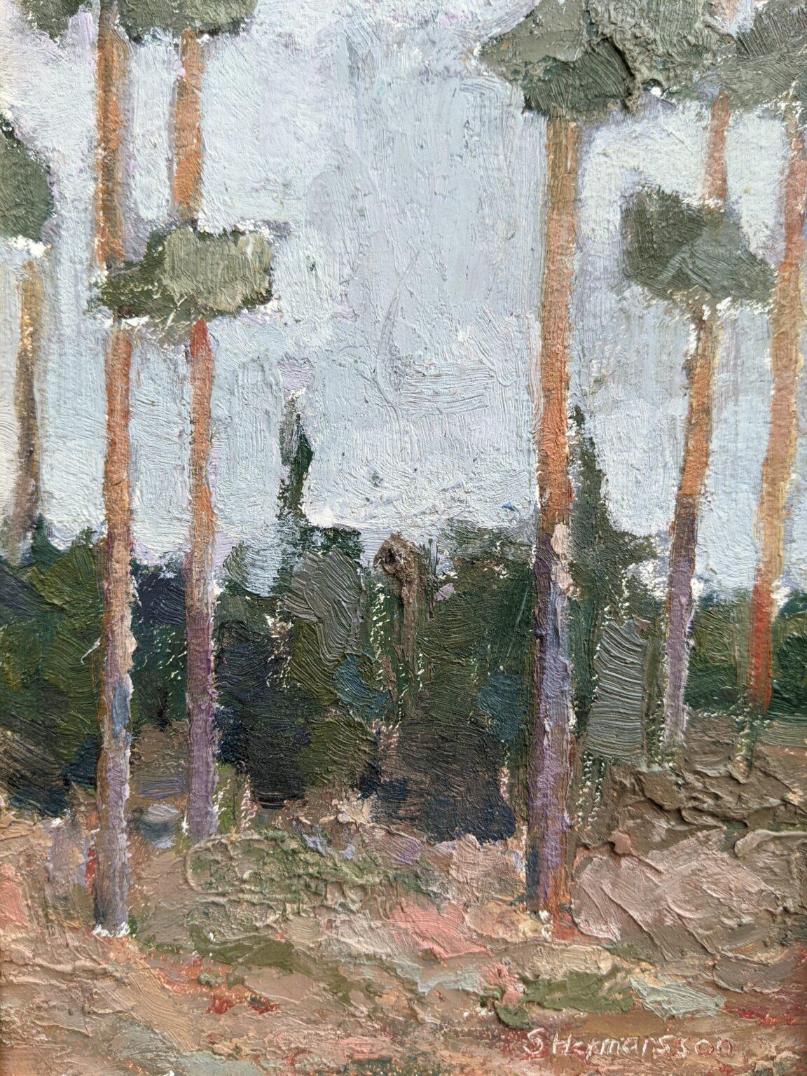 Vintage Mid Century Mini Landscape Framed Swedish Oil Painting - Pine Trees 4