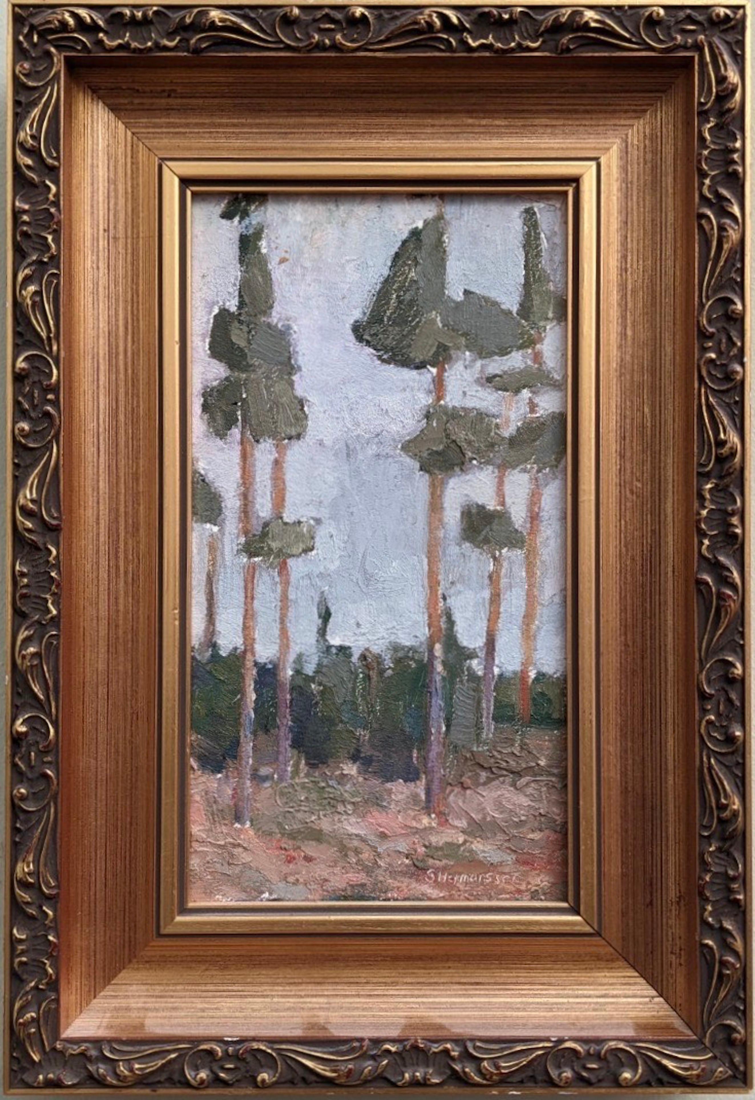 Unknown Landscape Painting - Vintage Mid Century Mini Landscape Framed Swedish Oil Painting - Pine Trees