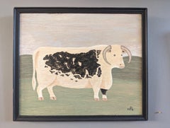 Vintage Mid-Century Mini Naïve Style Animal Oil Painting - English Longhorn