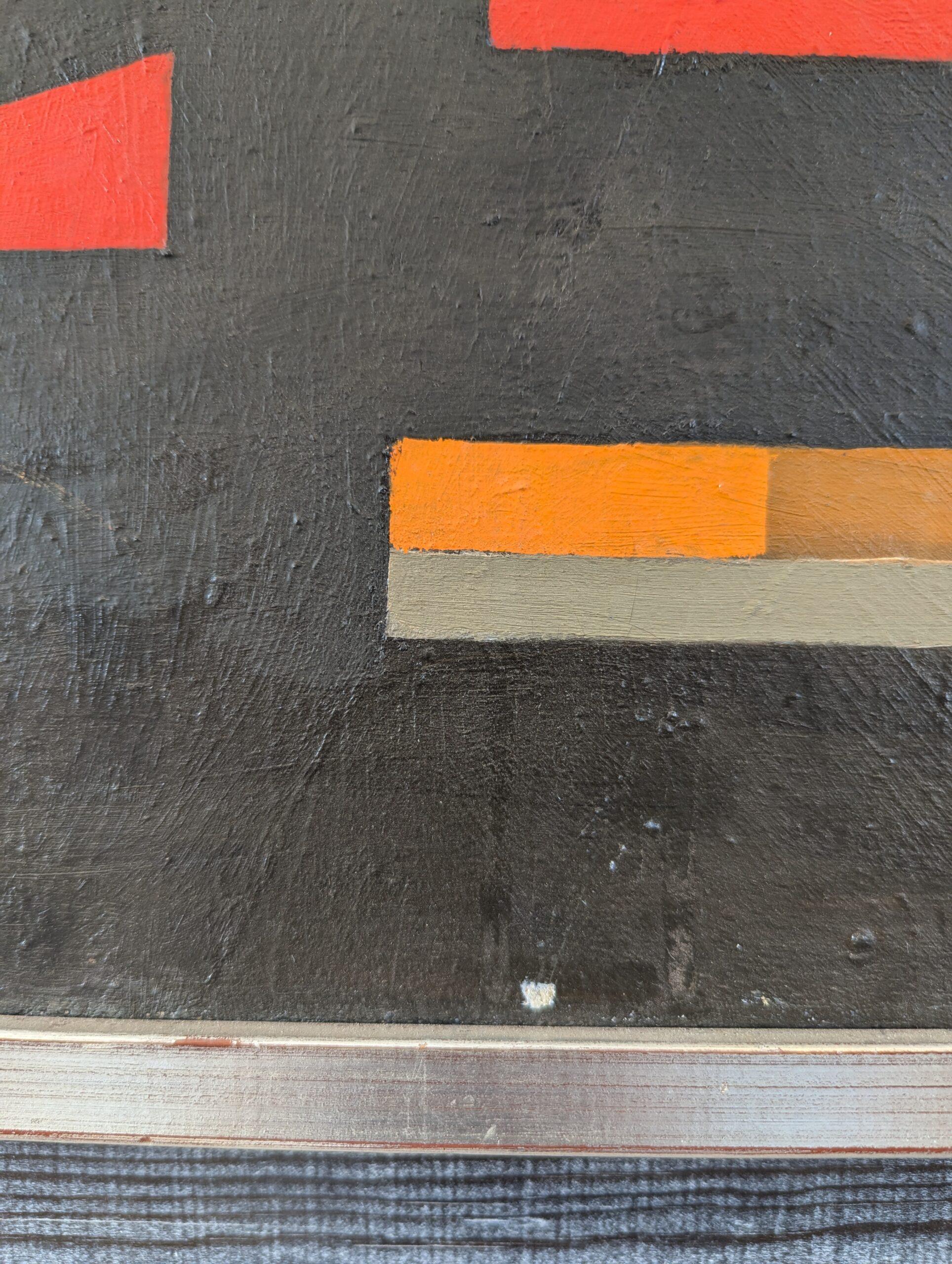 Pittura ad olio astratta di paesaggio urbano Vintage Mid-Century Modern - Città geometrica in vendita 7
