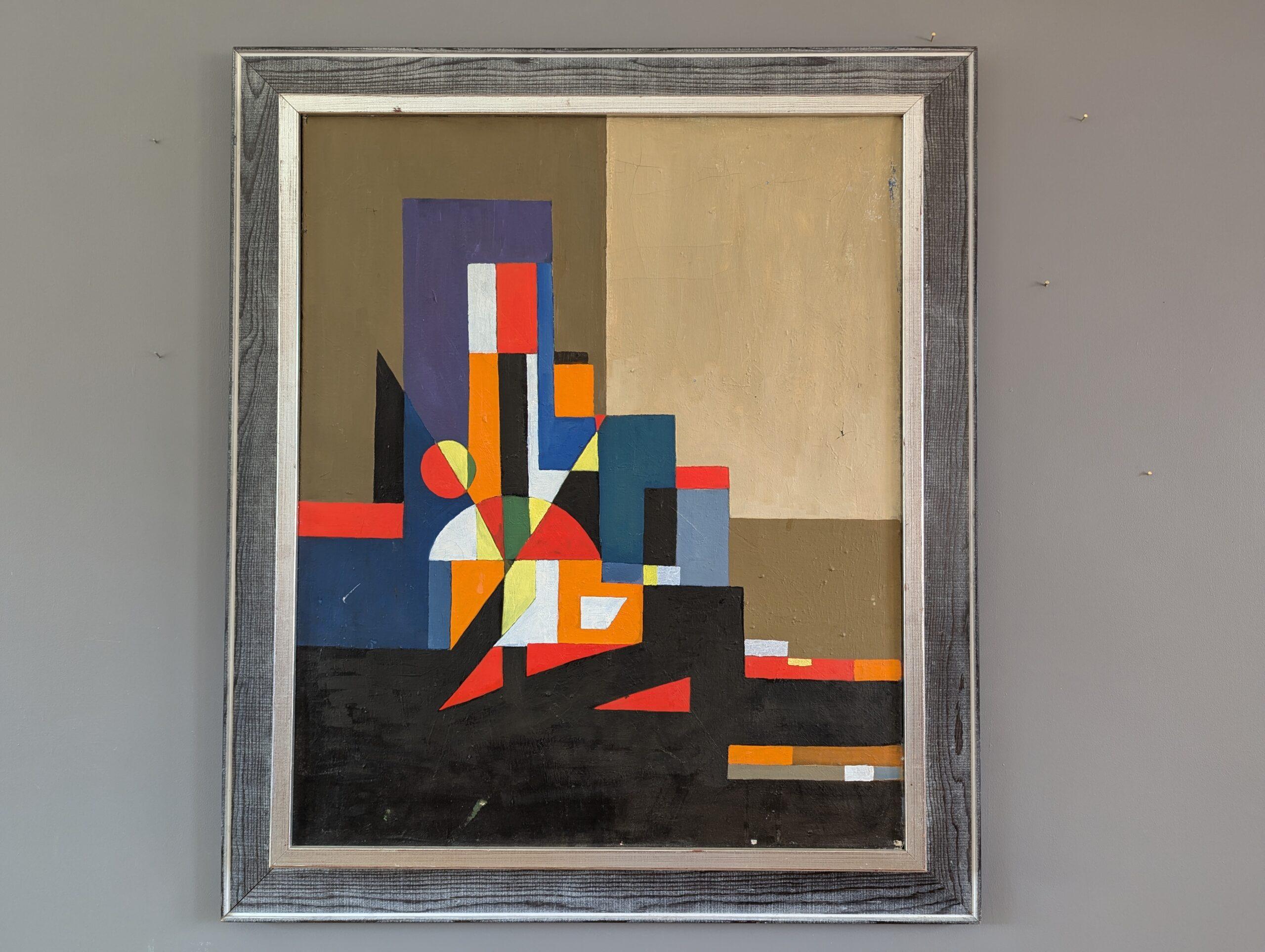 Pittura ad olio astratta di paesaggio urbano Vintage Mid-Century Modern - Città geometrica - Painting di Unknown