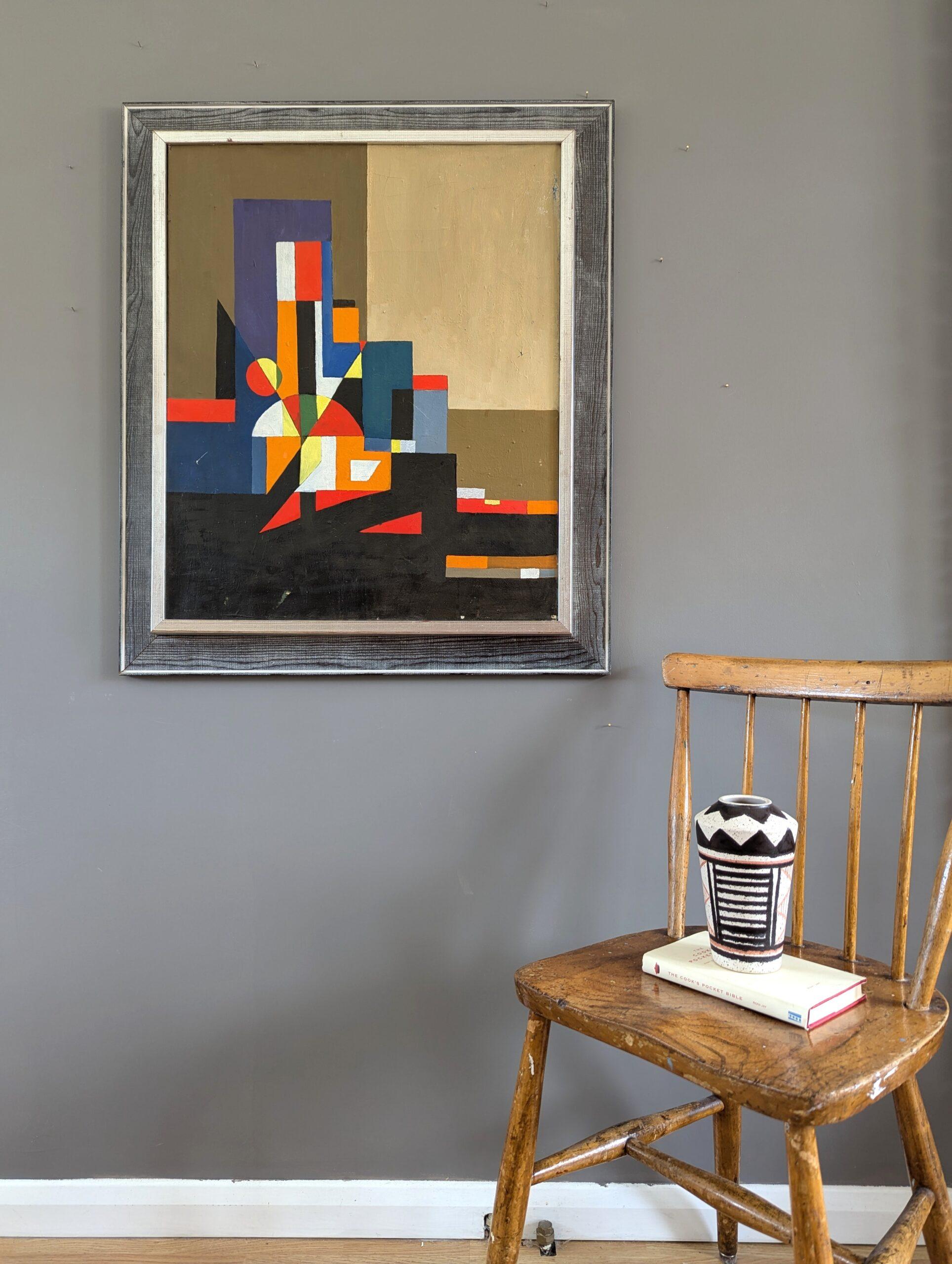 Pittura ad olio astratta di paesaggio urbano Vintage Mid-Century Modern - Città geometrica - Painting Moderno di Unknown