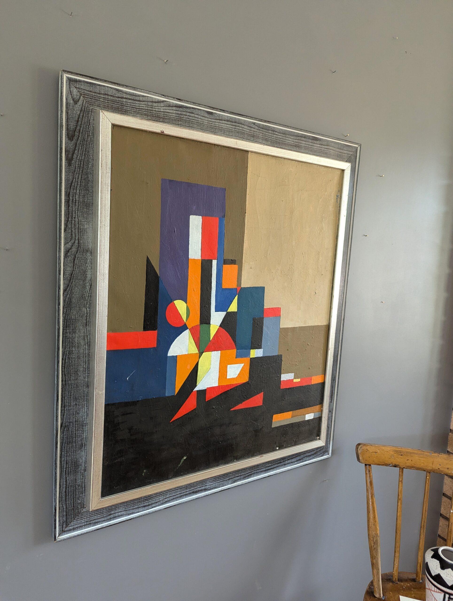 Pittura ad olio astratta di paesaggio urbano Vintage Mid-Century Modern - Città geometrica - Abstract Painting Nero di Unknown