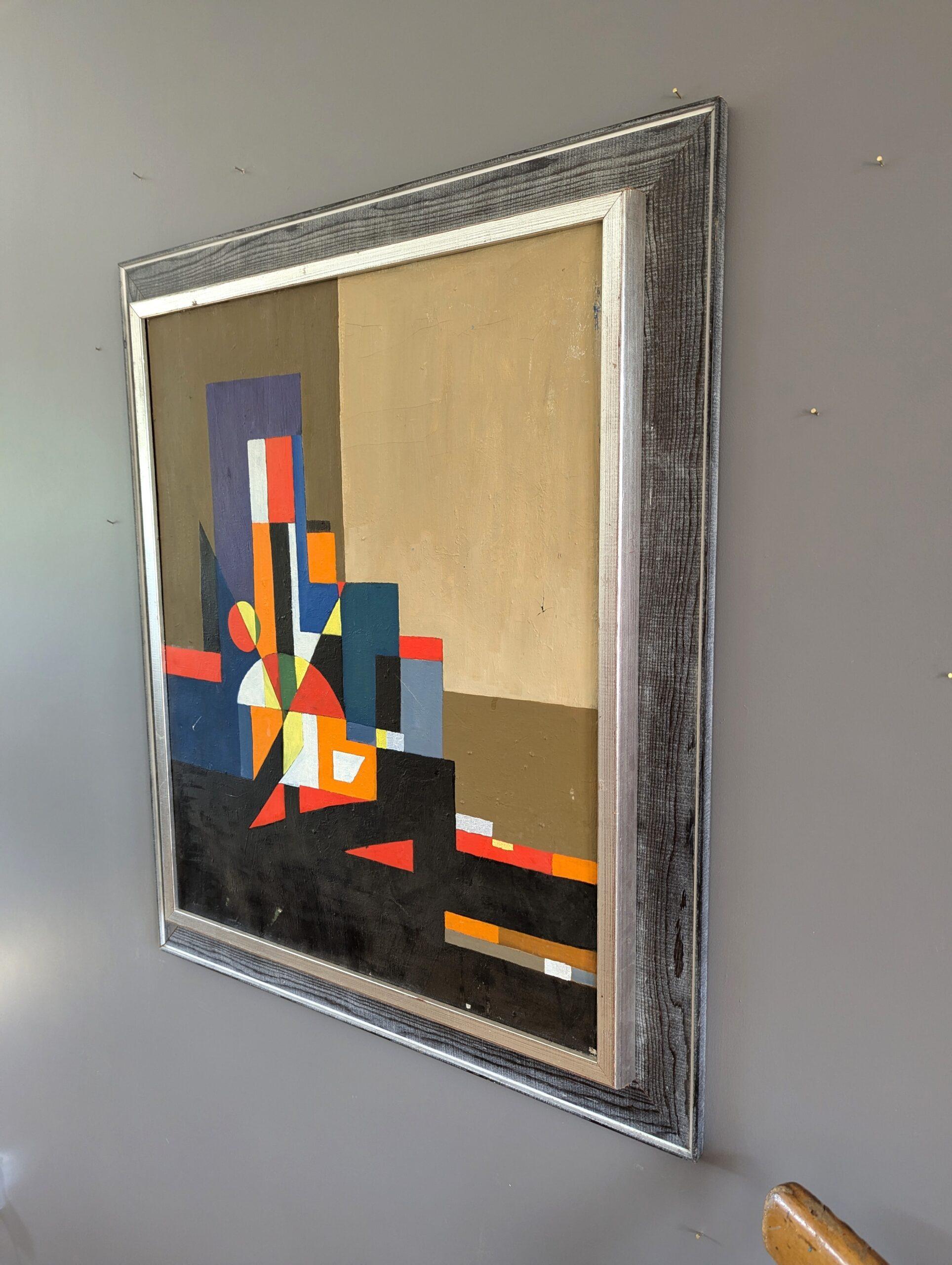 CITTA' GEOMETRICA
Dimensioni: 81 x 69 cm (cornice inclusa)
Olio su tela

Un'eccezionale composizione geometrica astratta di paesaggio urbano della metà del secolo scorso, realizzata a olio su tela.

Il dipinto raffigura un paesaggio urbano