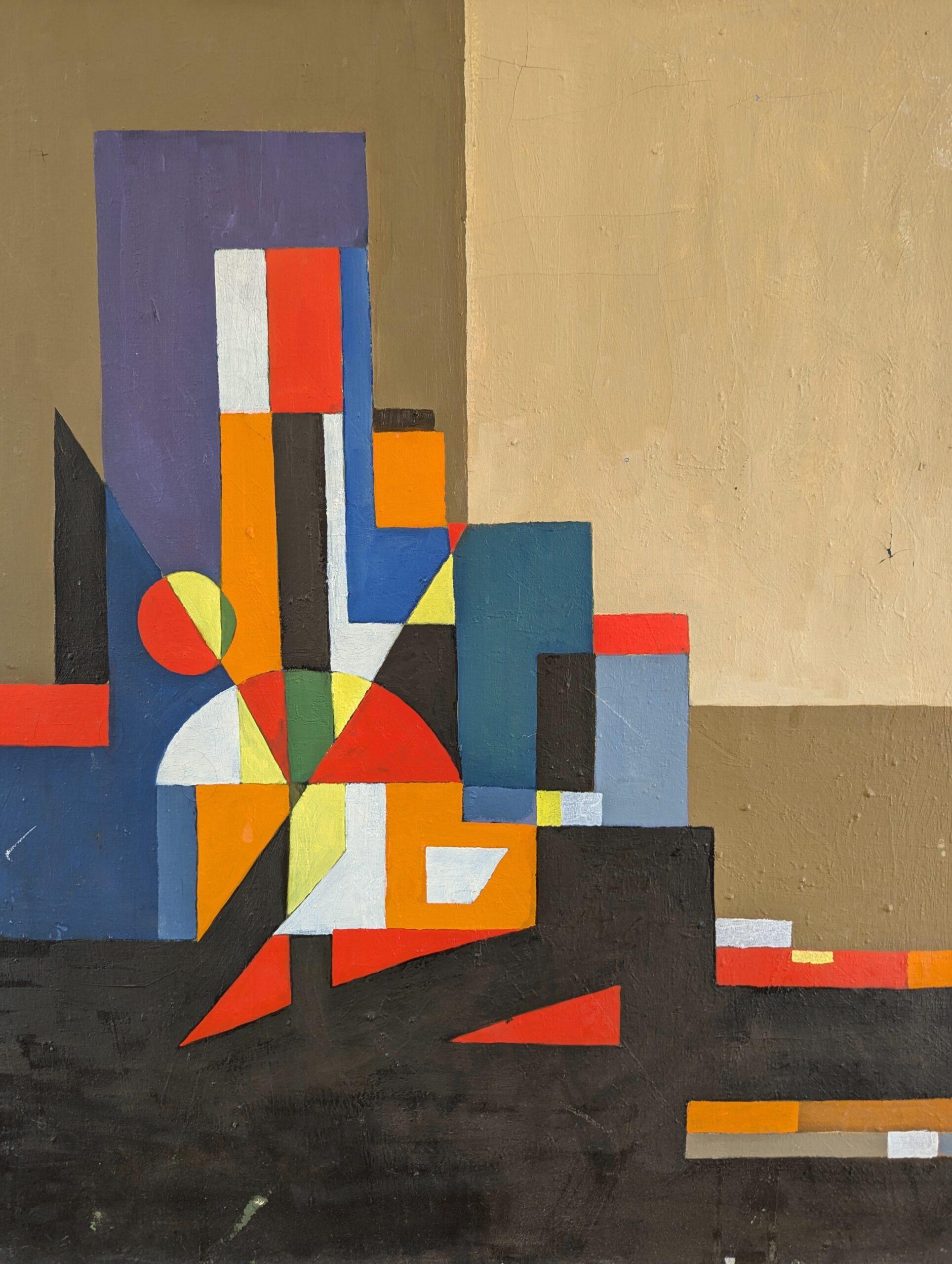 Pittura ad olio astratta di paesaggio urbano Vintage Mid-Century Modern - Città geometrica in vendita 1