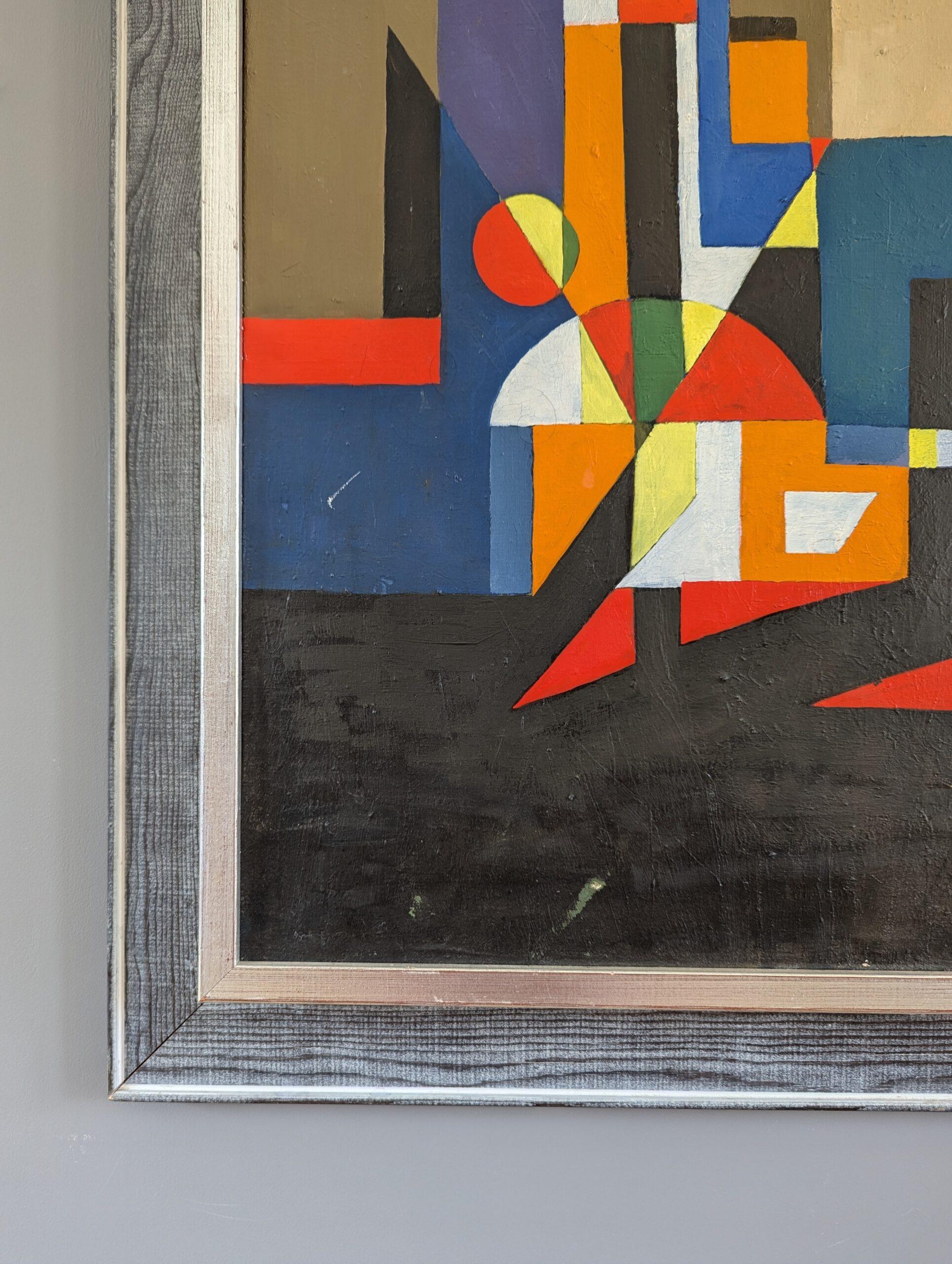 Pittura ad olio astratta di paesaggio urbano Vintage Mid-Century Modern - Città geometrica in vendita 2