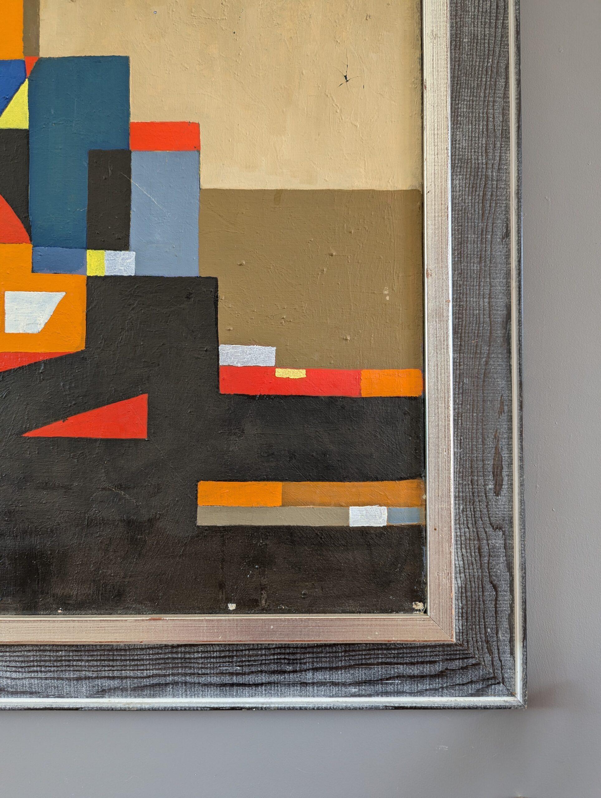 Pittura ad olio astratta di paesaggio urbano Vintage Mid-Century Modern - Città geometrica in vendita 3