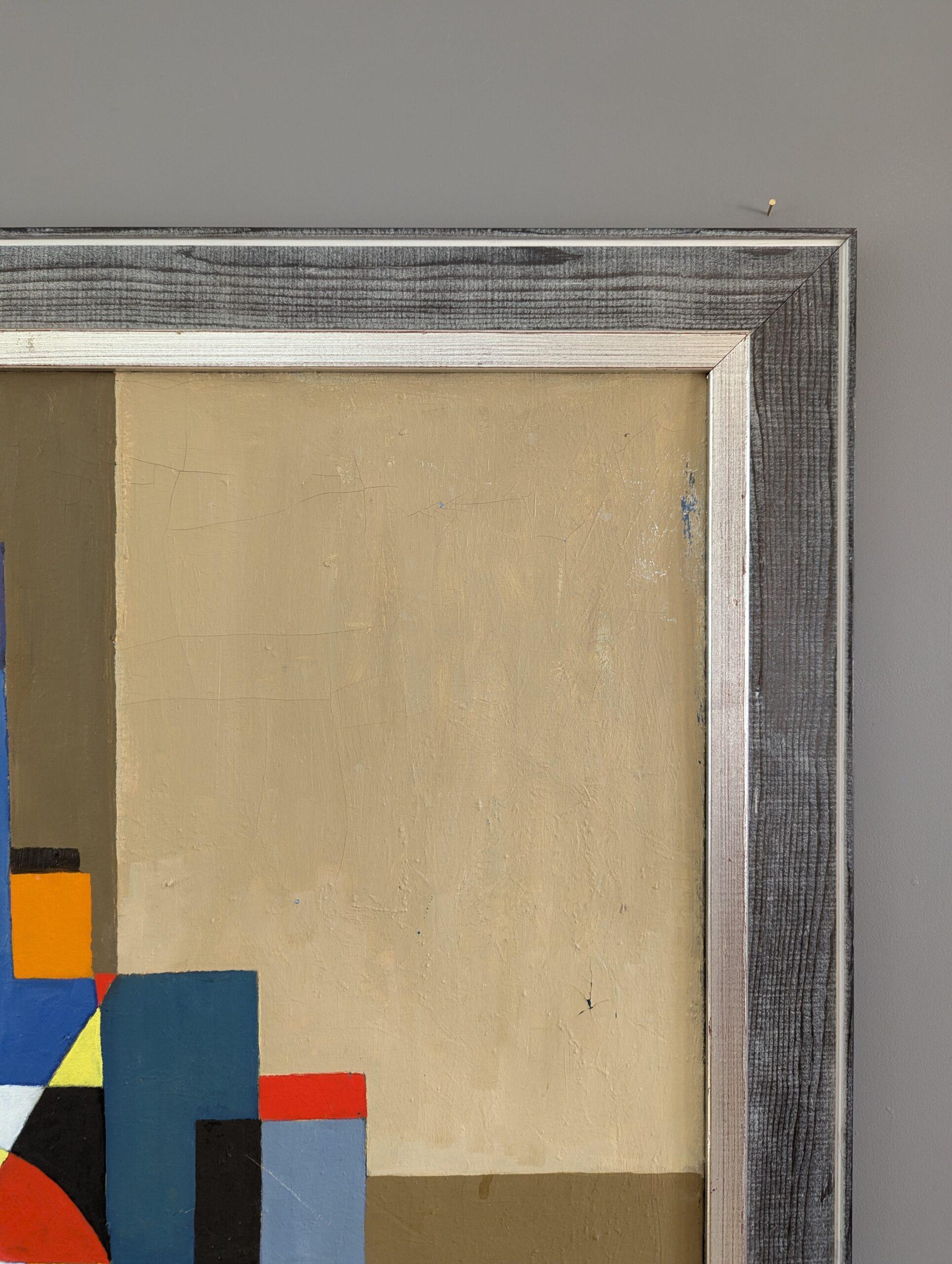 Pittura ad olio astratta di paesaggio urbano Vintage Mid-Century Modern - Città geometrica in vendita 4