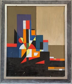 Pittura ad olio astratta di paesaggio urbano Vintage Mid-Century Modern - Città geometrica