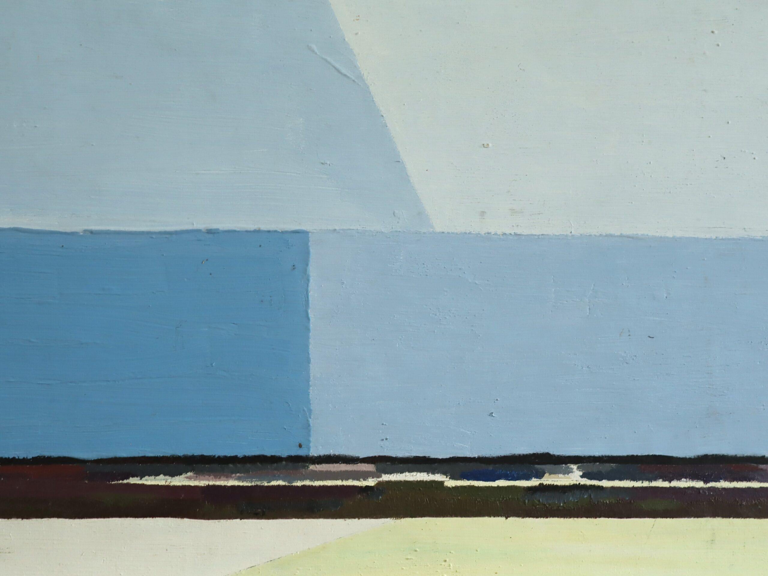 Vintage Mid Century Modern Abstract Coastal Landschaft Ölgemälde -Blue Horizon im Angebot 6