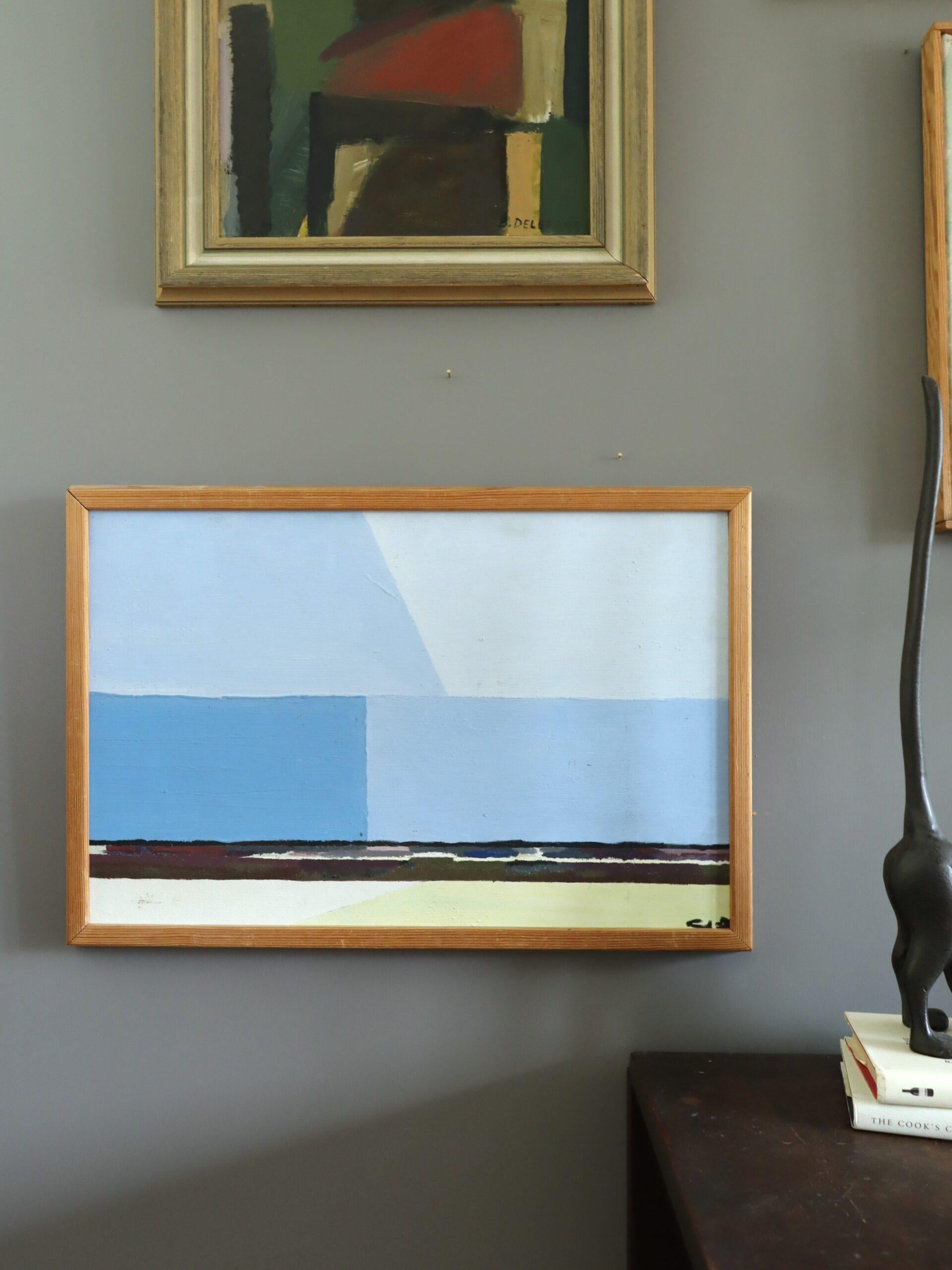 Vintage Mid Century Modern Abstract Coastal Landschaft Ölgemälde -Blue Horizon (Blau), Landscape Painting, von Unknown