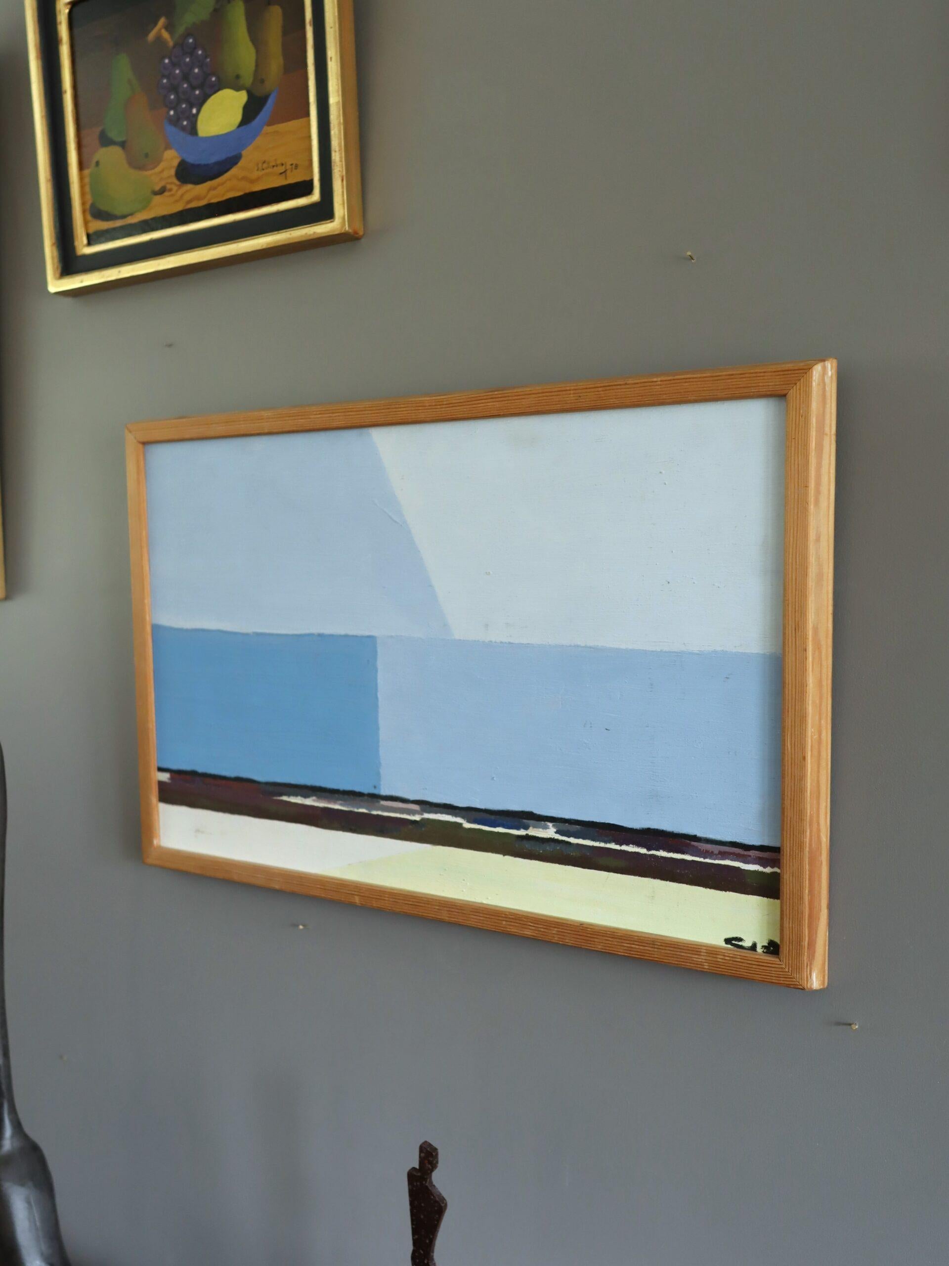 Vintage Mid Century Modern Abstract Coastal Landschaft Ölgemälde -Blue Horizon im Angebot 1