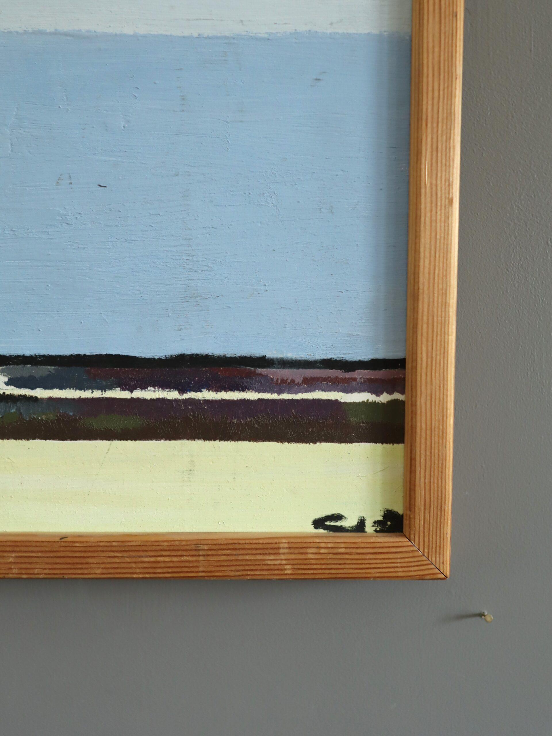 Vintage Mid Century Modern Abstract Coastal Landschaft Ölgemälde -Blue Horizon im Angebot 3