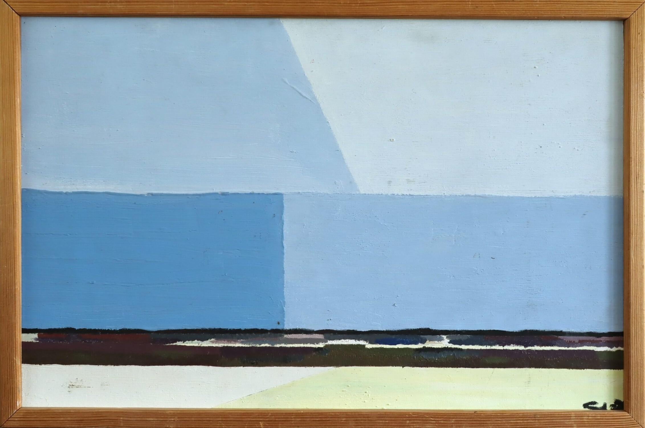 Vintage Mid Century Modern Abstract Coastal Landscape Oil Painting -Blue Horizon