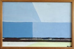 Vintage Mid Century Modern Abstract Coastal Landscape Oil Painting -Blue Horizon