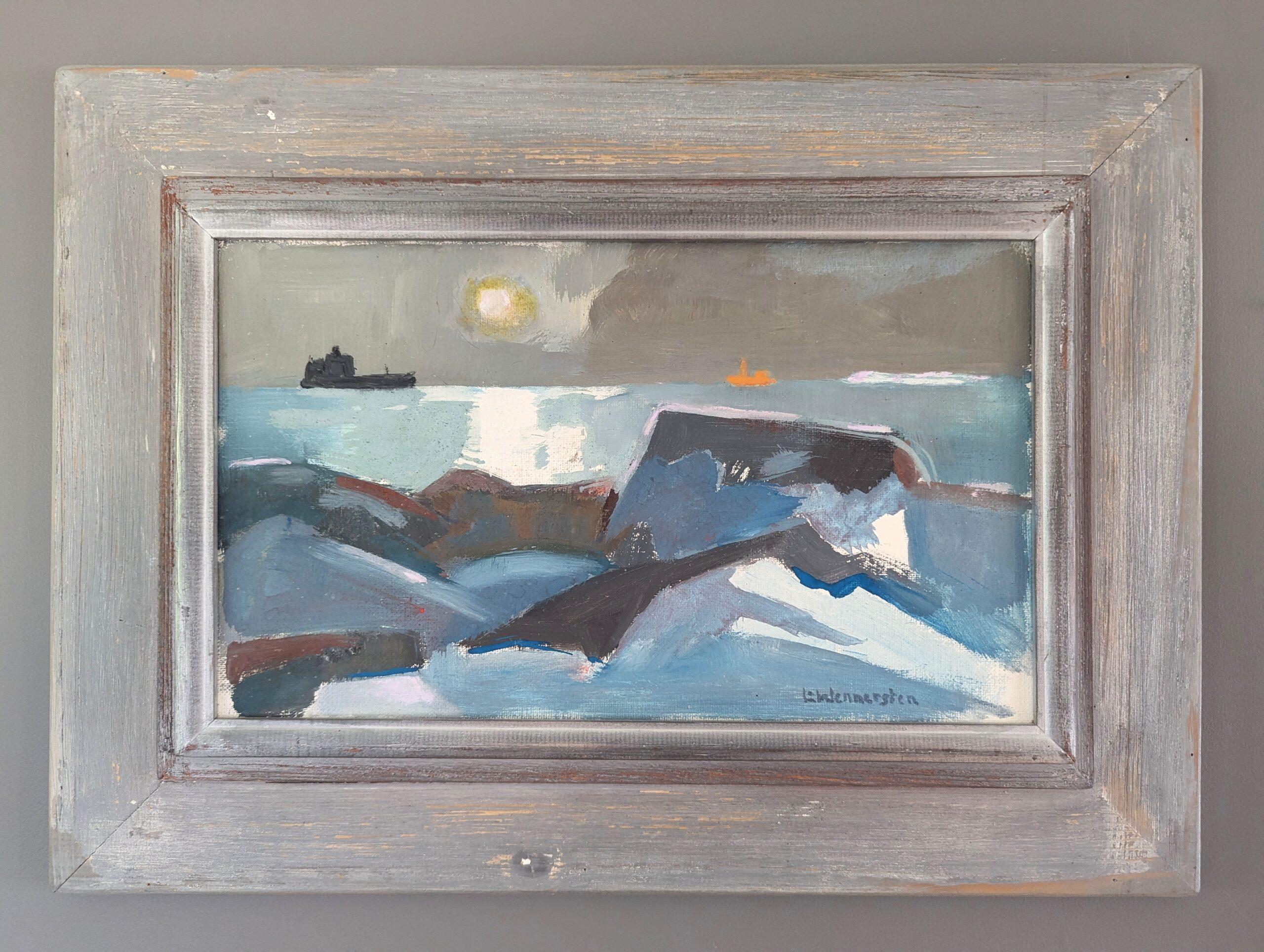 Vintage Mid Century Modern Abstract Coastal Landscape Oil Painting - Moonlit Sea - Gray Landscape Painting by Unknown