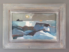 Vintage Mid Century Modern Abstract Coastal Landscape Oil Painting - Moonlit Sea