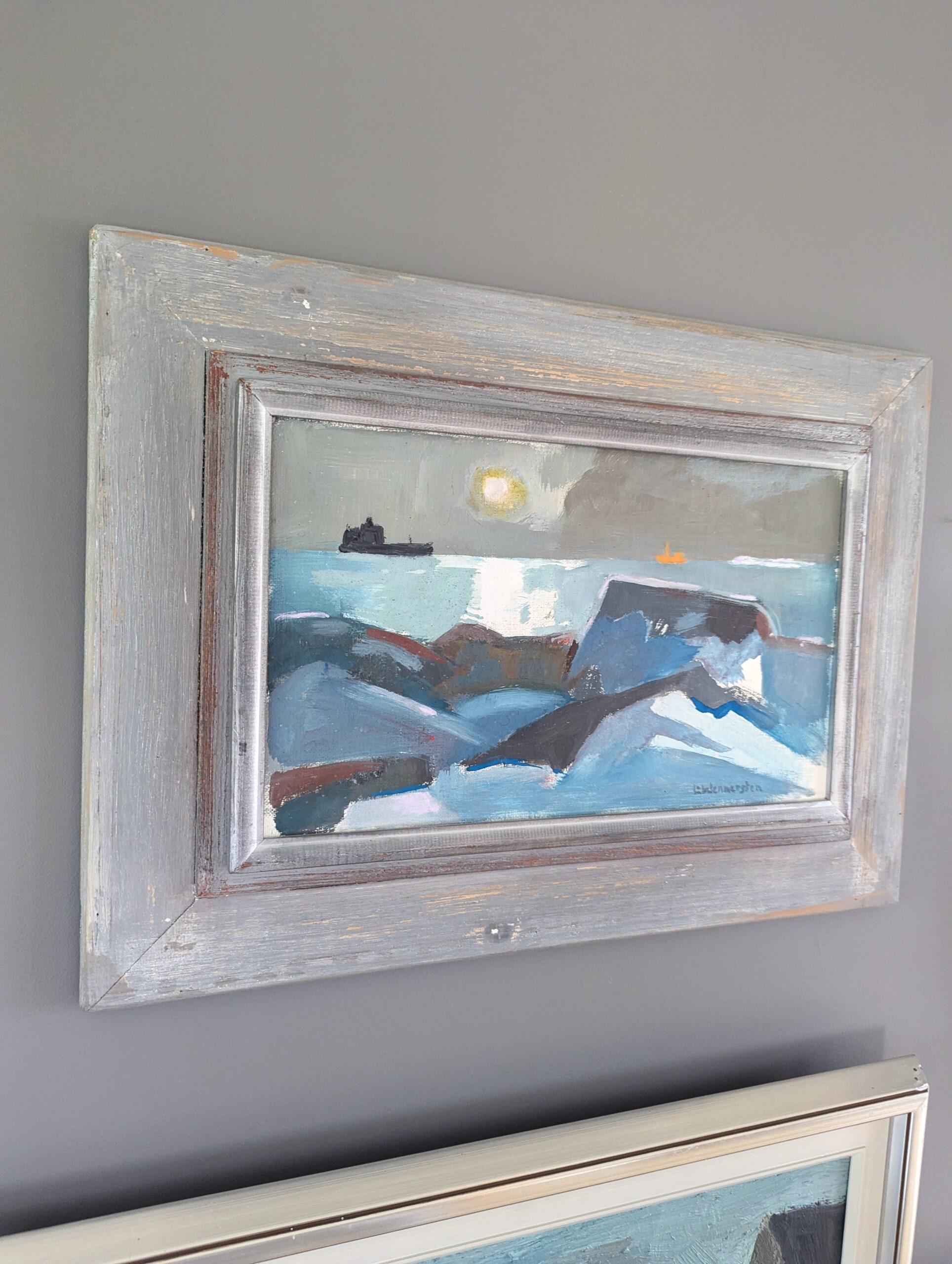 MOONLIT SEA
Size: 34 x 47 cm (including frame)
Oil on board

An atmospheric mid-century abstract coastal landscape, executed in oil onto board.

The composition presents a seascape with angular landforms in the foreground, shimmering under the