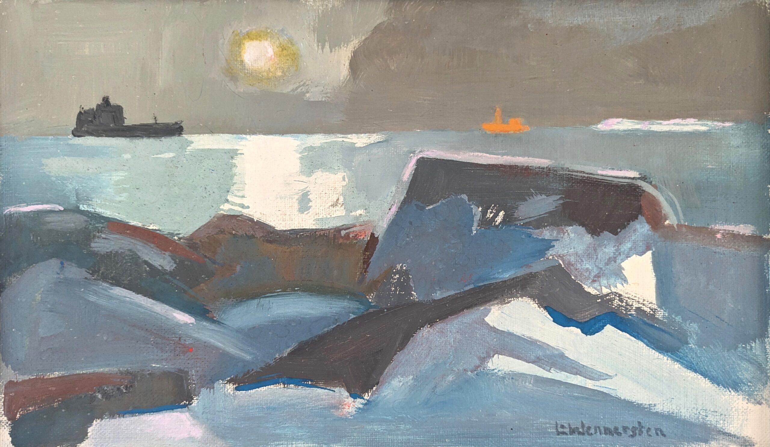 Vintage Mid Century Modern Abstract Coastal Landscape Oil Painting - Moonlit Sea For Sale 2