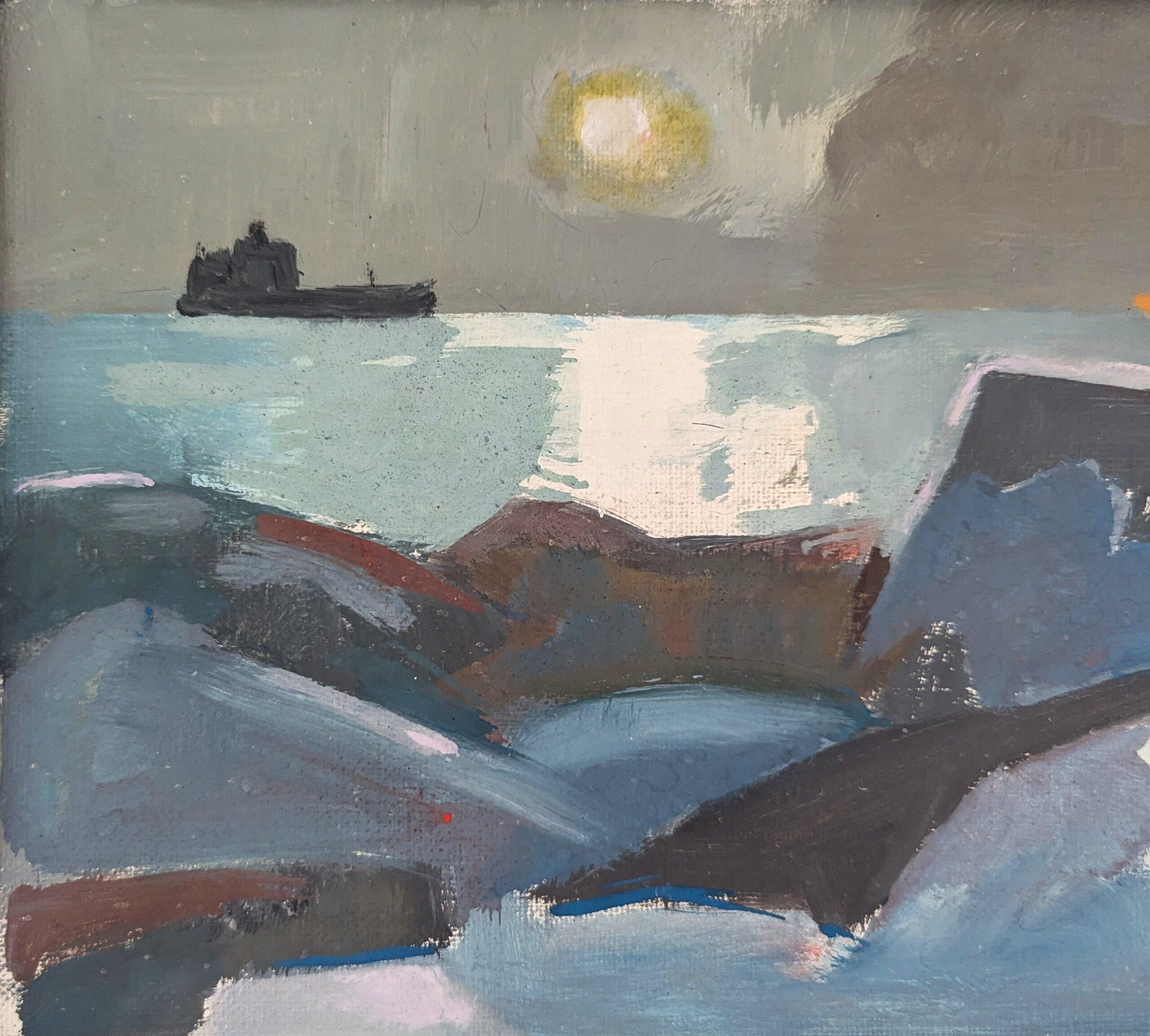 Vintage Mid Century Modern Abstract Coastal Landscape Oil Painting - Moonlit Sea For Sale 3