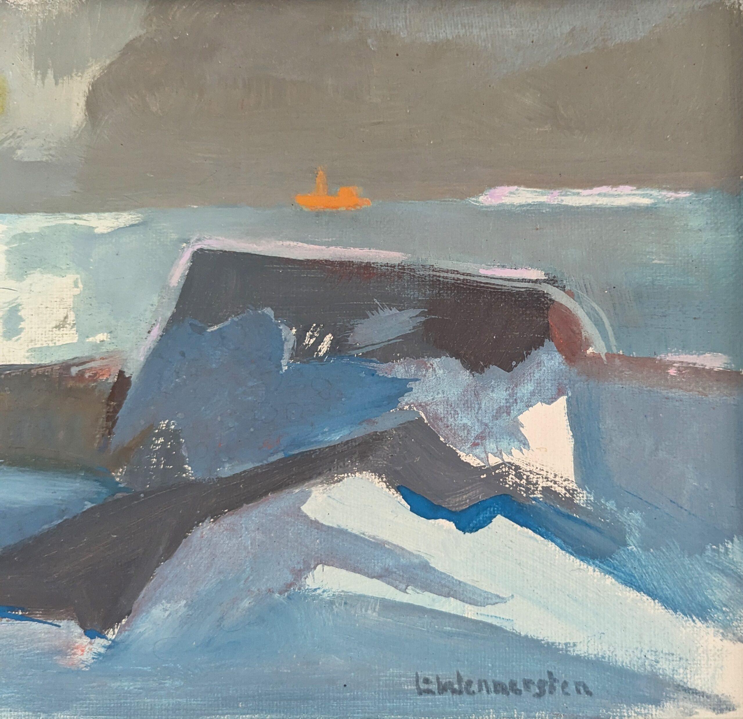 Vintage Mid Century Modern Abstract Coastal Landscape Oil Painting - Moonlit Sea For Sale 4