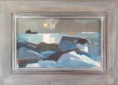 Vintage Mid Century Modern Abstract Coastal Landscape Oil Painting - Moonlit Sea