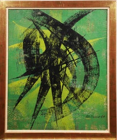 Vintage Mid Century Modern Abstract Expressionist Pintura al óleo enmarcada firmada