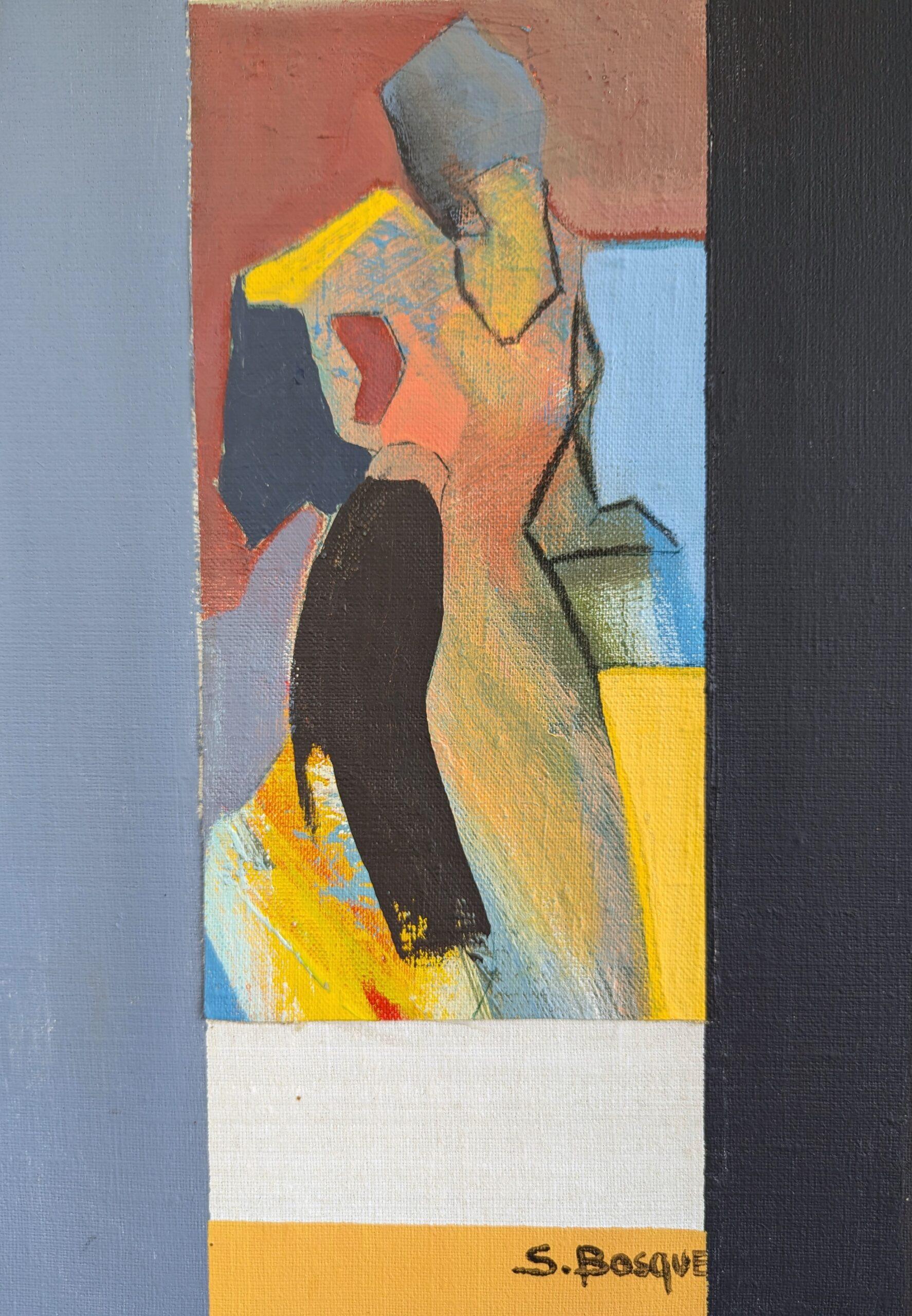 Abstraktes figuratives gerahmtes Ölgemälde - Montage, Mid-Century Modern, Vintage (Schwarz), Figurative Painting, von Unknown