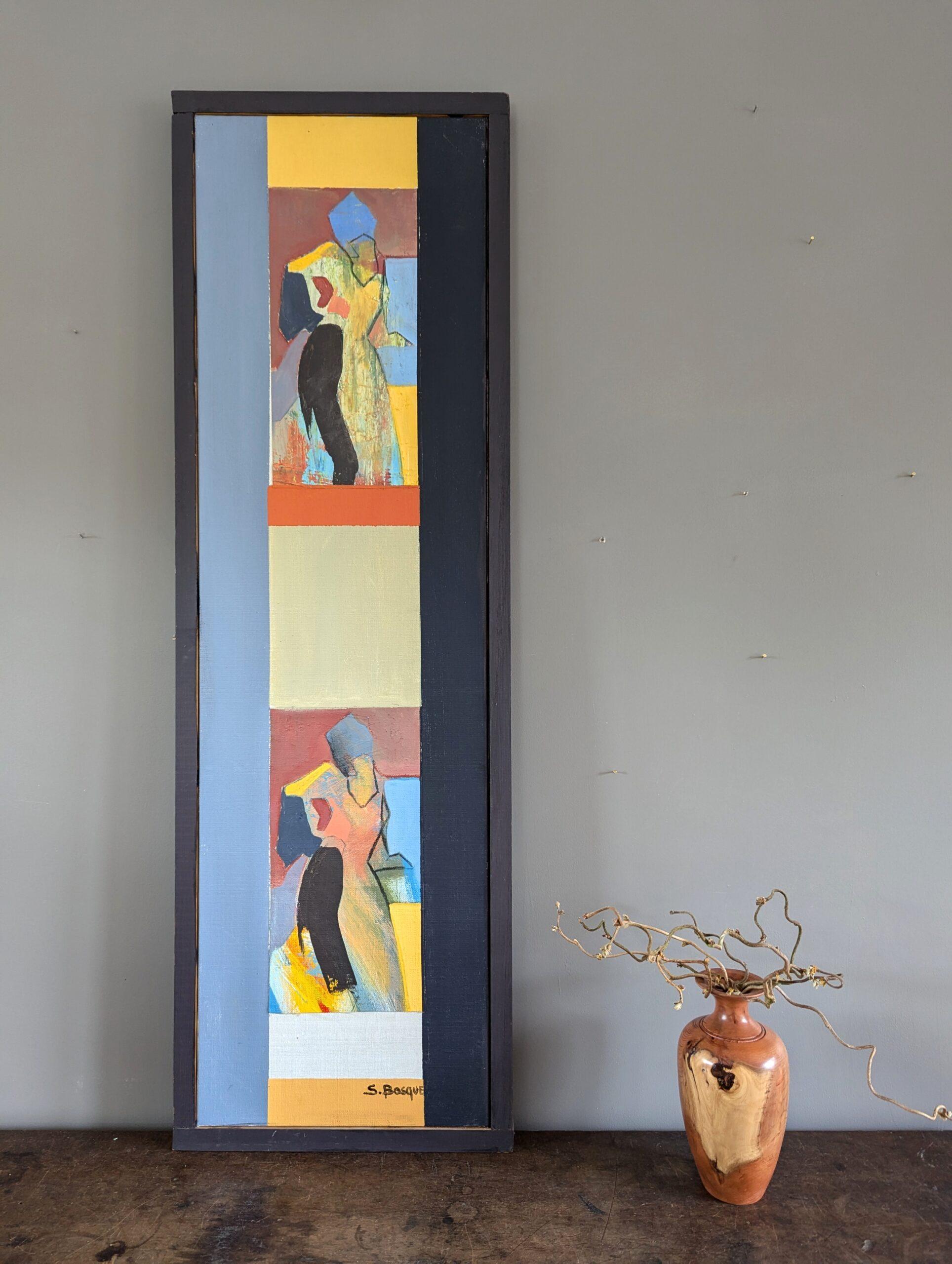 MONTAGE
Größe: 101,5 x 33 cm (einschließlich Rahmen)
Öl auf Leinwand

Eine einzigartige längliche und schmale halb-abstrakte figurative Komposition, ausgeführt in Öl auf Leinwand.

Das Gemälde, das an einen Filmstreifen oder eine Fotomontage